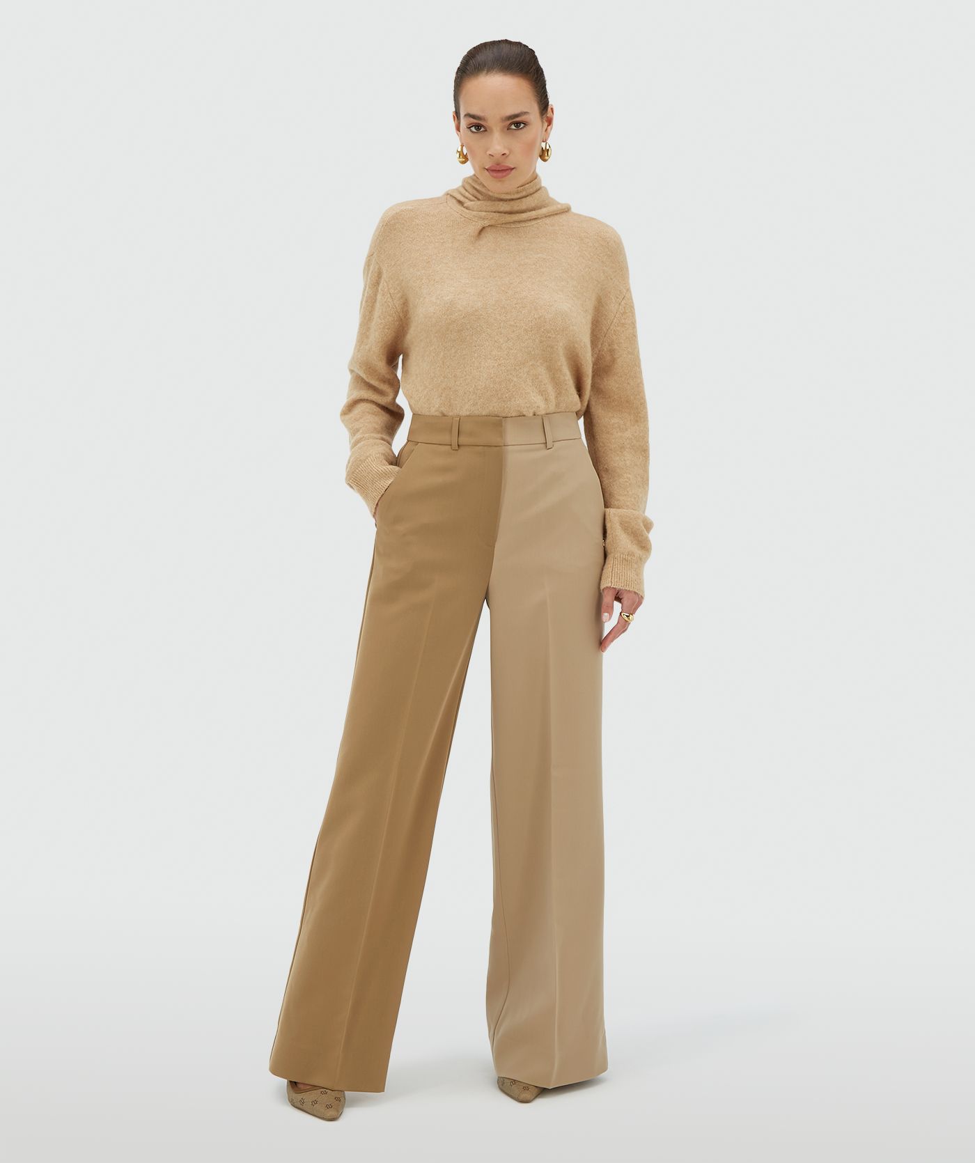 EMMA two-tone mid rise wide leg trousers Khaki Light Camel l JOSH