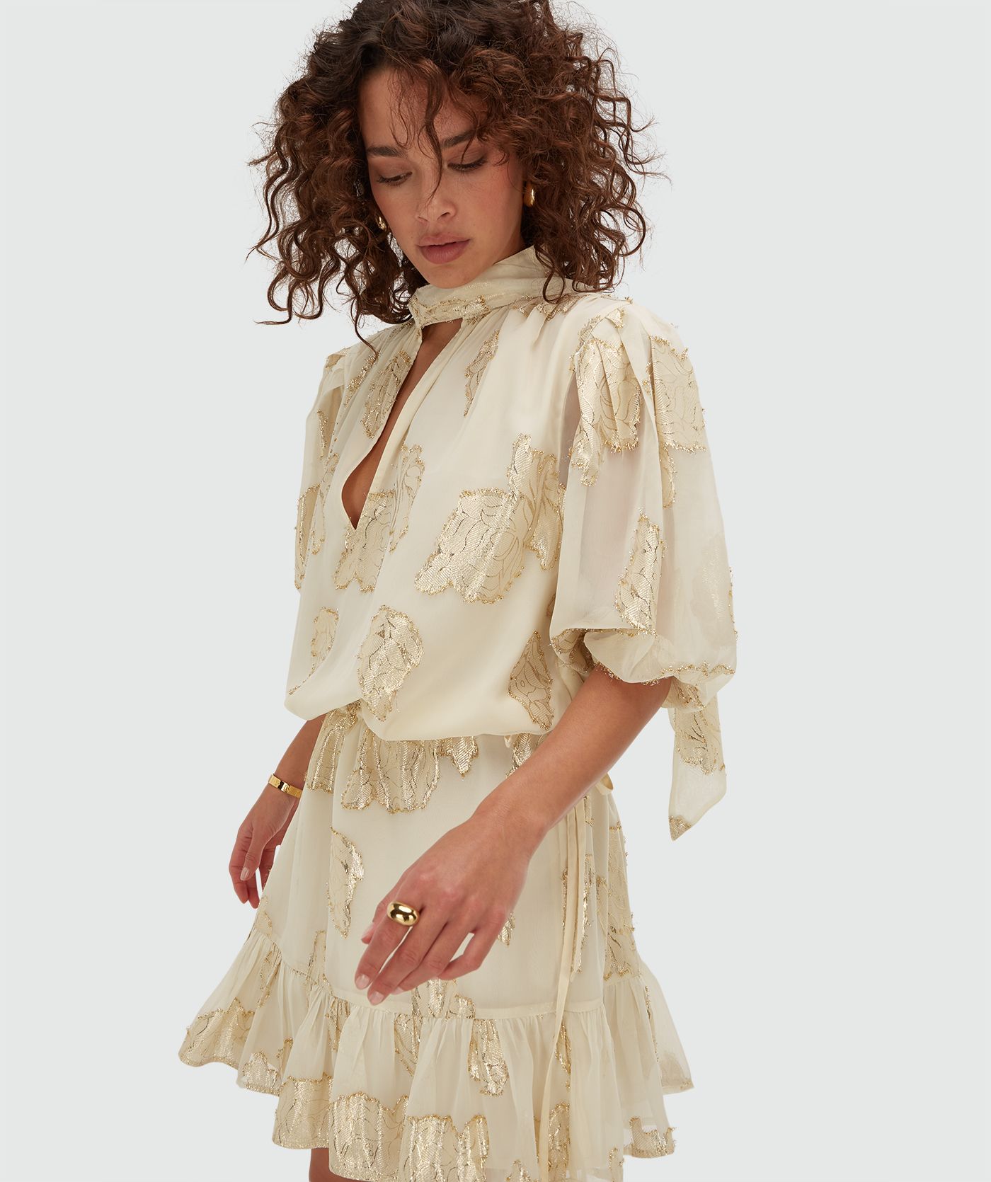 FIORE oversized fit fit dress with lurex floral print Creme White , JOSH V  | Official online shop