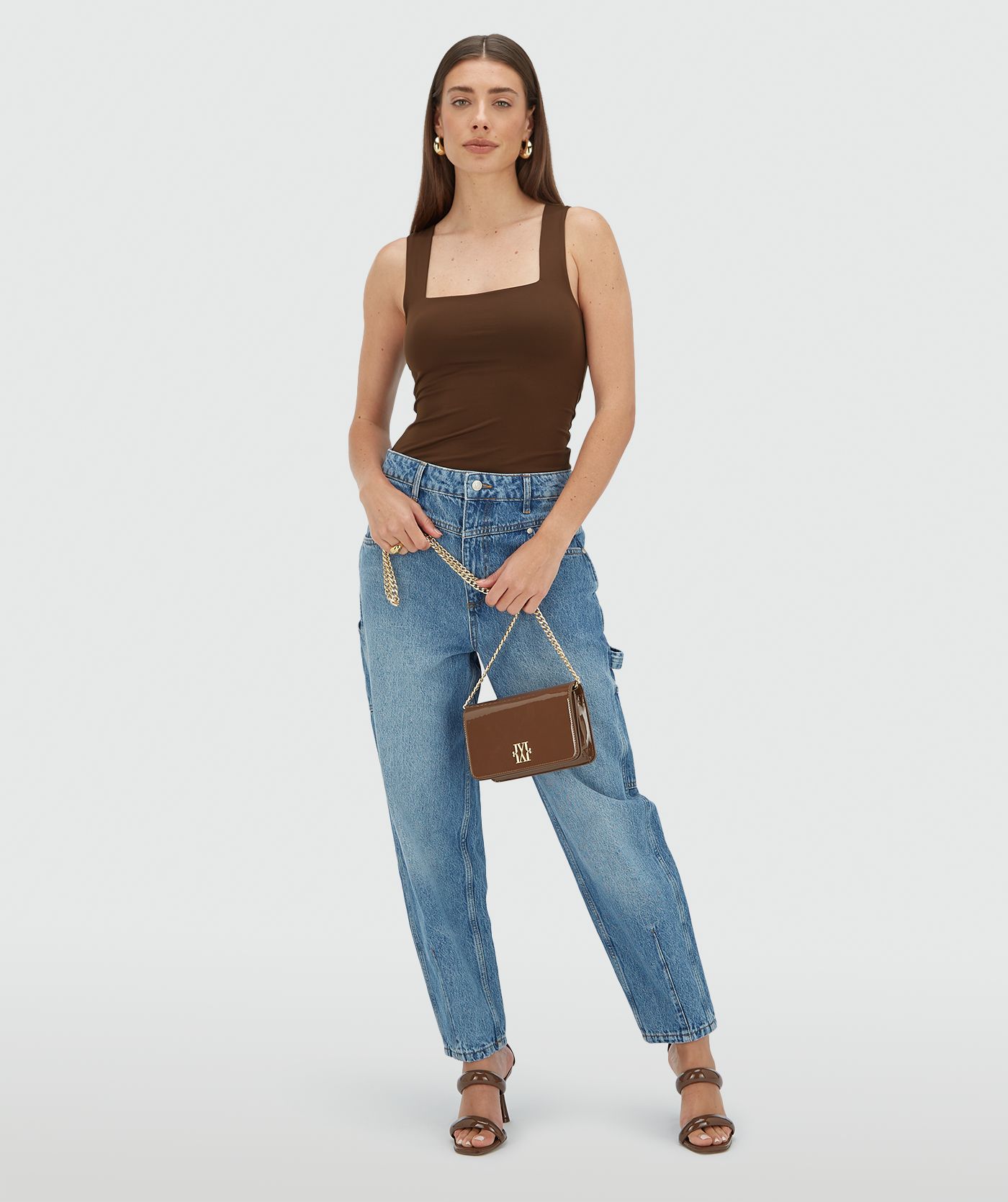 lohen SQUARE NECK COMPACT TOPS ブラウン LINDE slim fit top Dark Brown l JOSH V | Official online shop