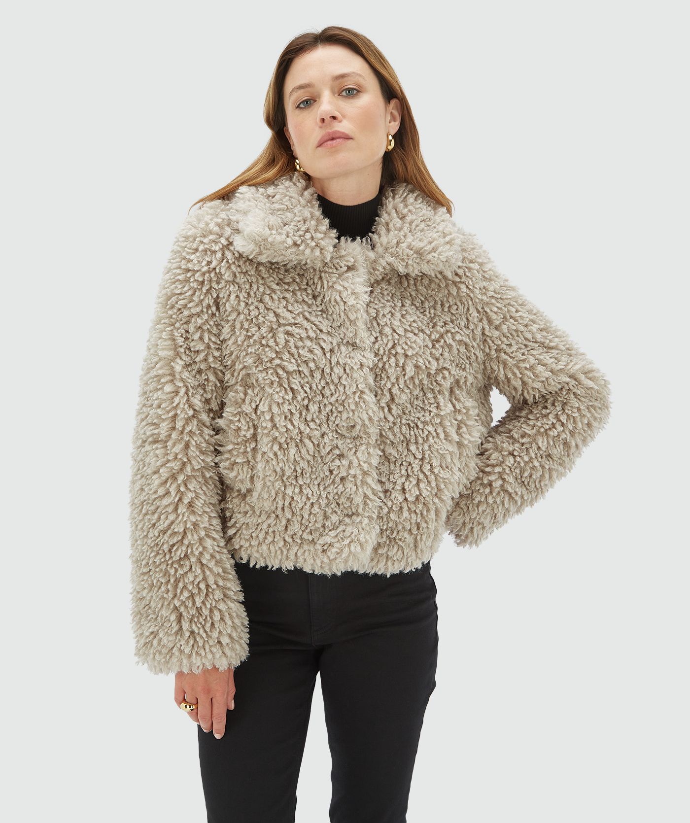 LISA boxy fit fluffy coat Warm Grey l JOSH V | Official online shop