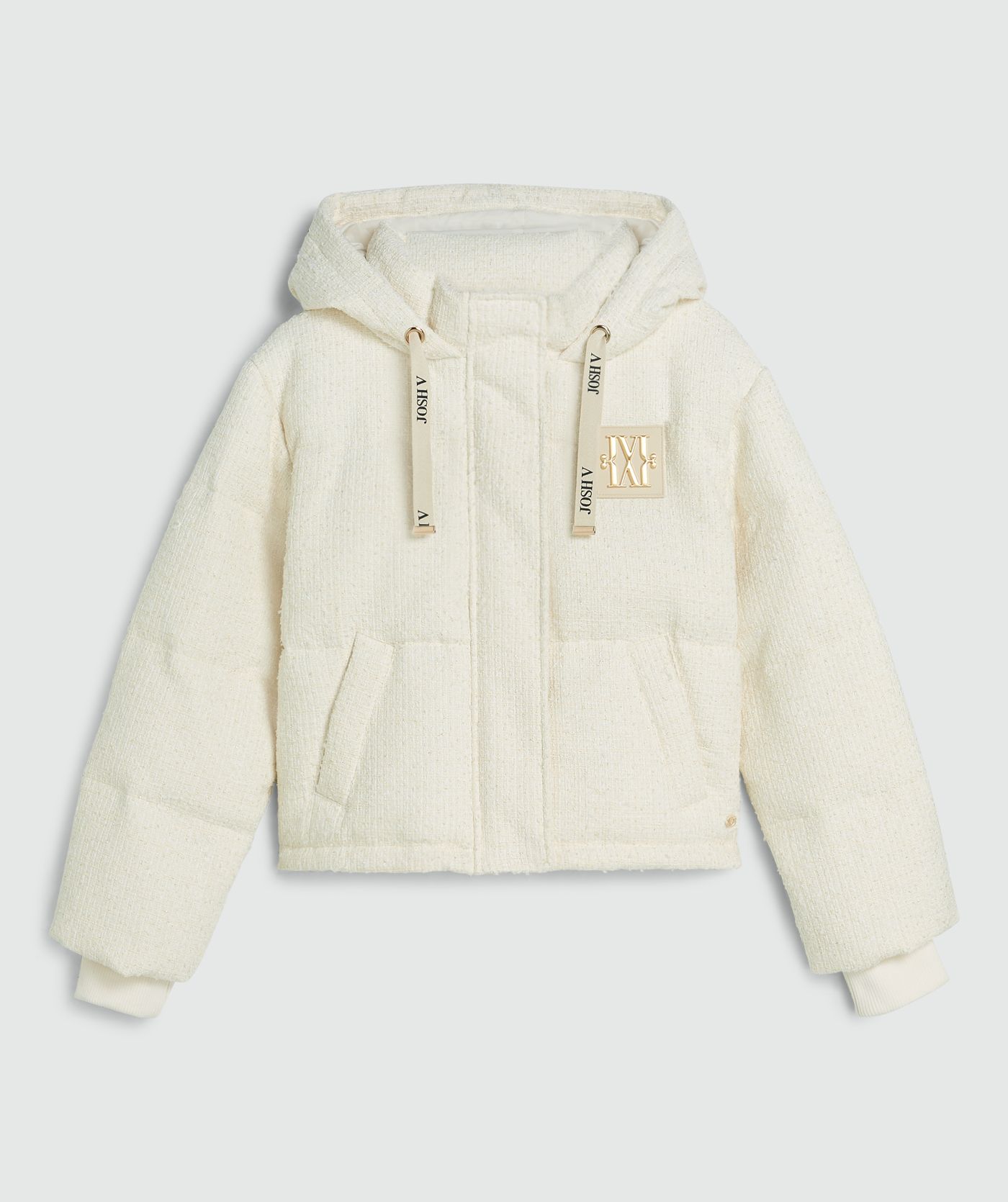 Creme White gewatteerde jas met capuchon en gouden JOSH V monogram logo op de borst - Josh V