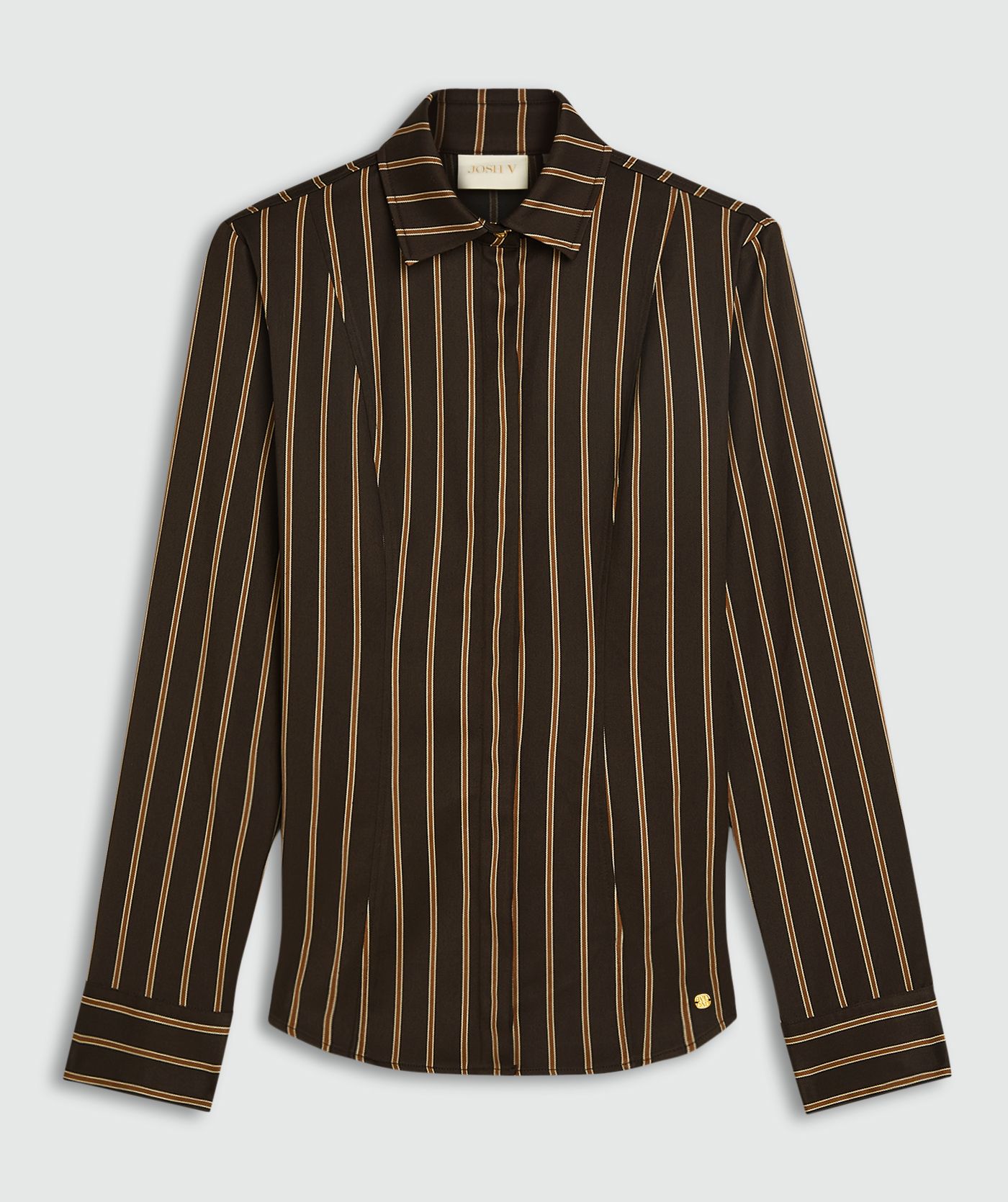 Regular fit blouse met strepen zonder model, weergegeven op een lichtgrijze achtergrond
