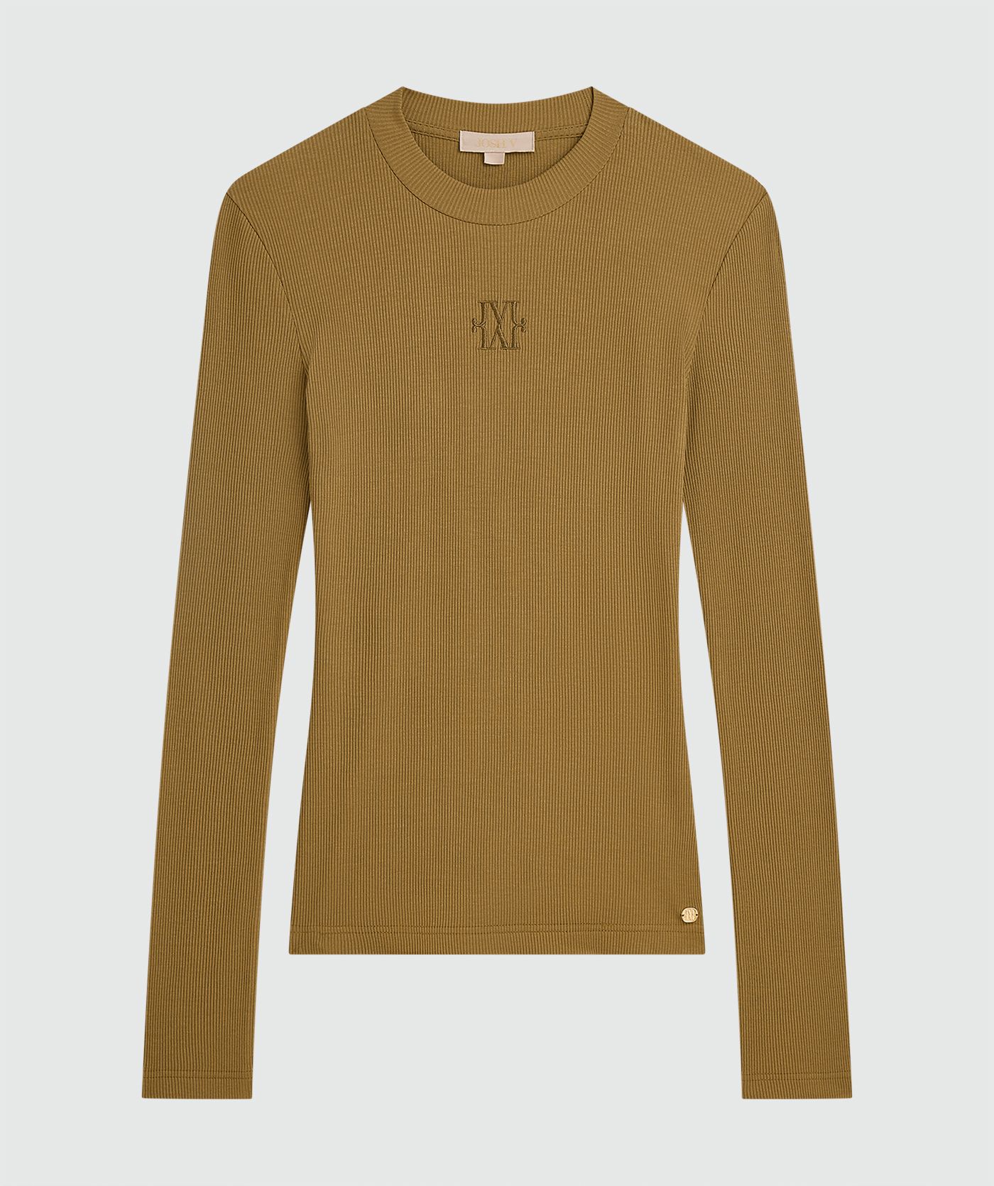 Aansluitende Olive Green longsleeve met ronde hals en ribstructuur zonder model, weergegeven op een lichtgrijze achtergrond
