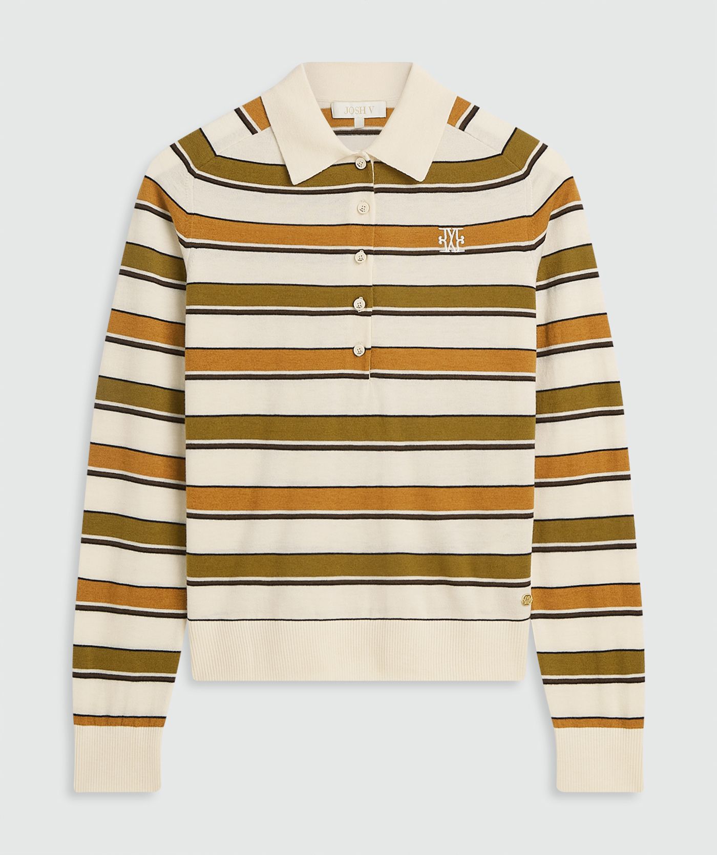 Olive Green Stripe aansluitende gestreepte knit top met lange mouwen, kraaghals en knoopsluiting zonder model, weergegeven op een lichtgrijze achtergrond