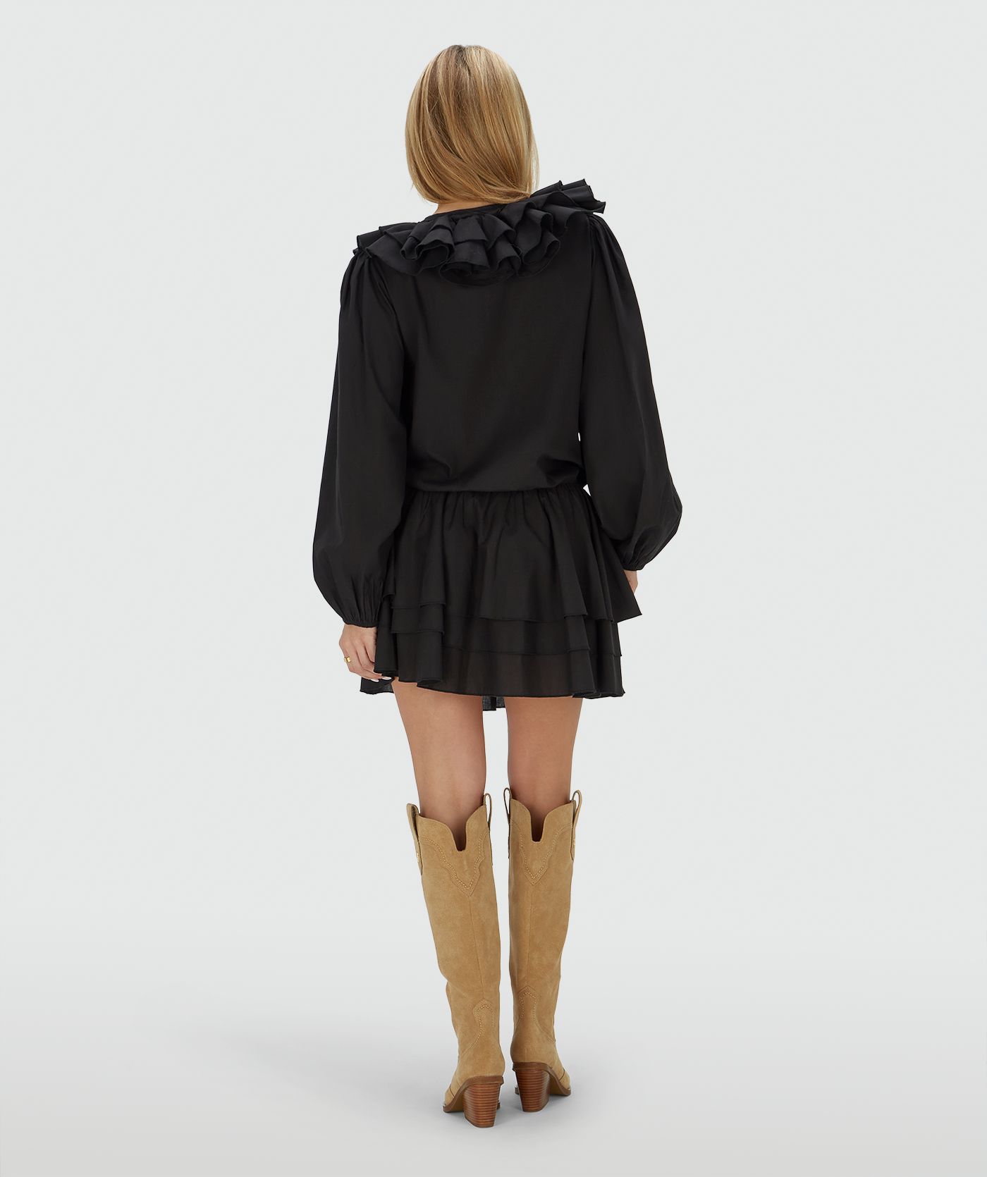 Achteraanzicht van een model in een loose fit jurk in zwart, met een ruffle-effect bij de halslijn en in de rok
