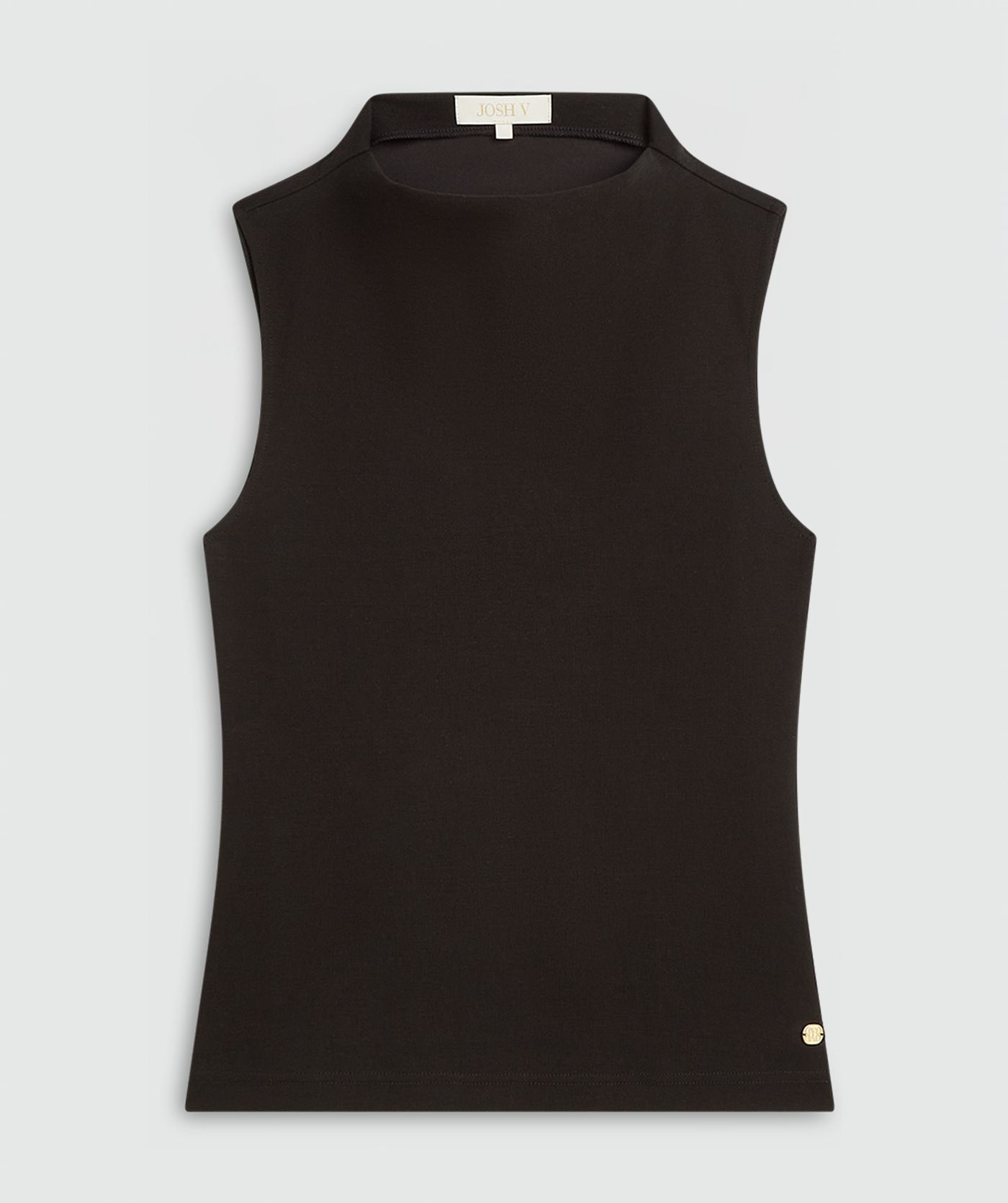 Zwarte sleeveless jersey top zonder model, weergegeven op een lichtgrijze achtergrond