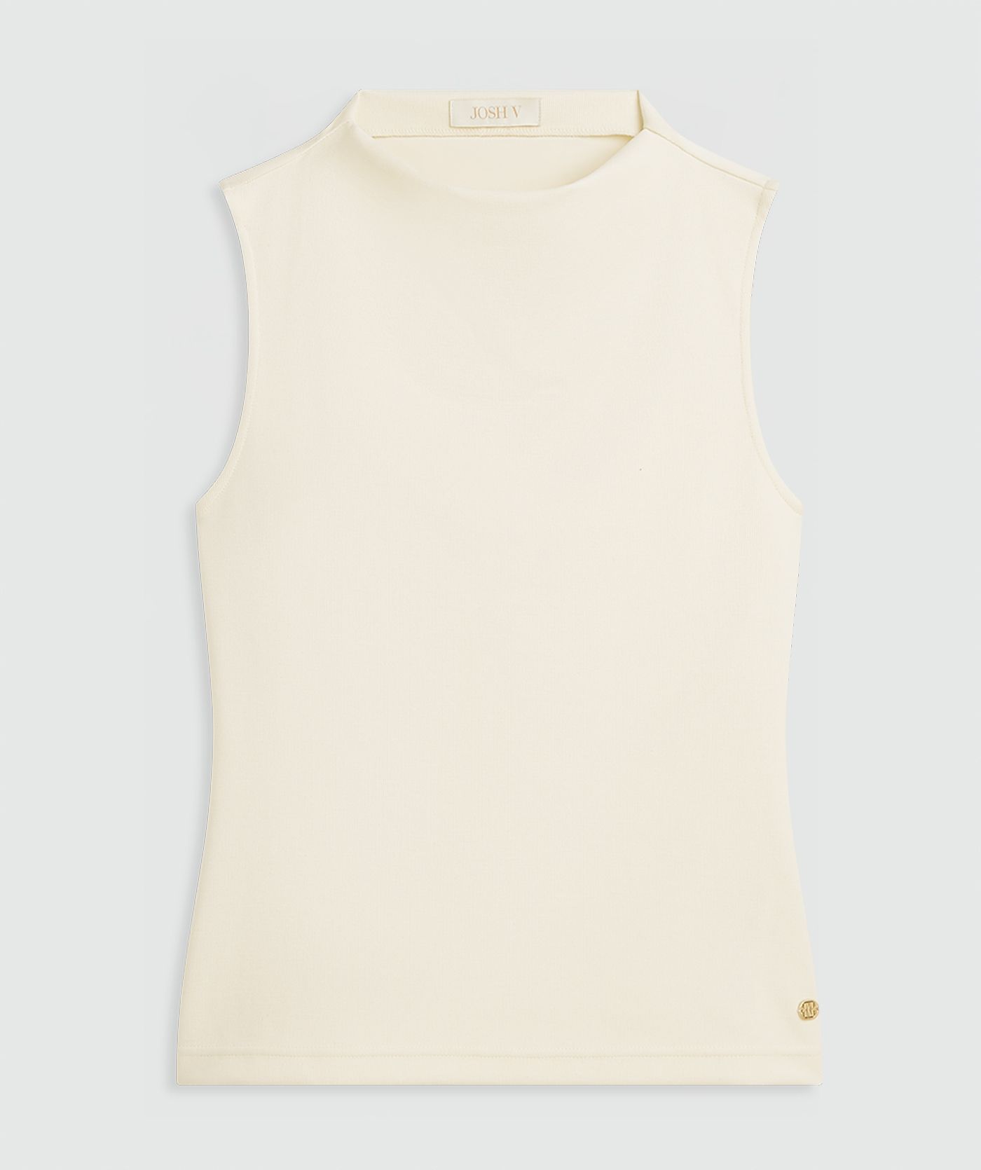 Creme White sleeveless jersey top zonder model, weergegeven op een lichtgrijze achtergrond