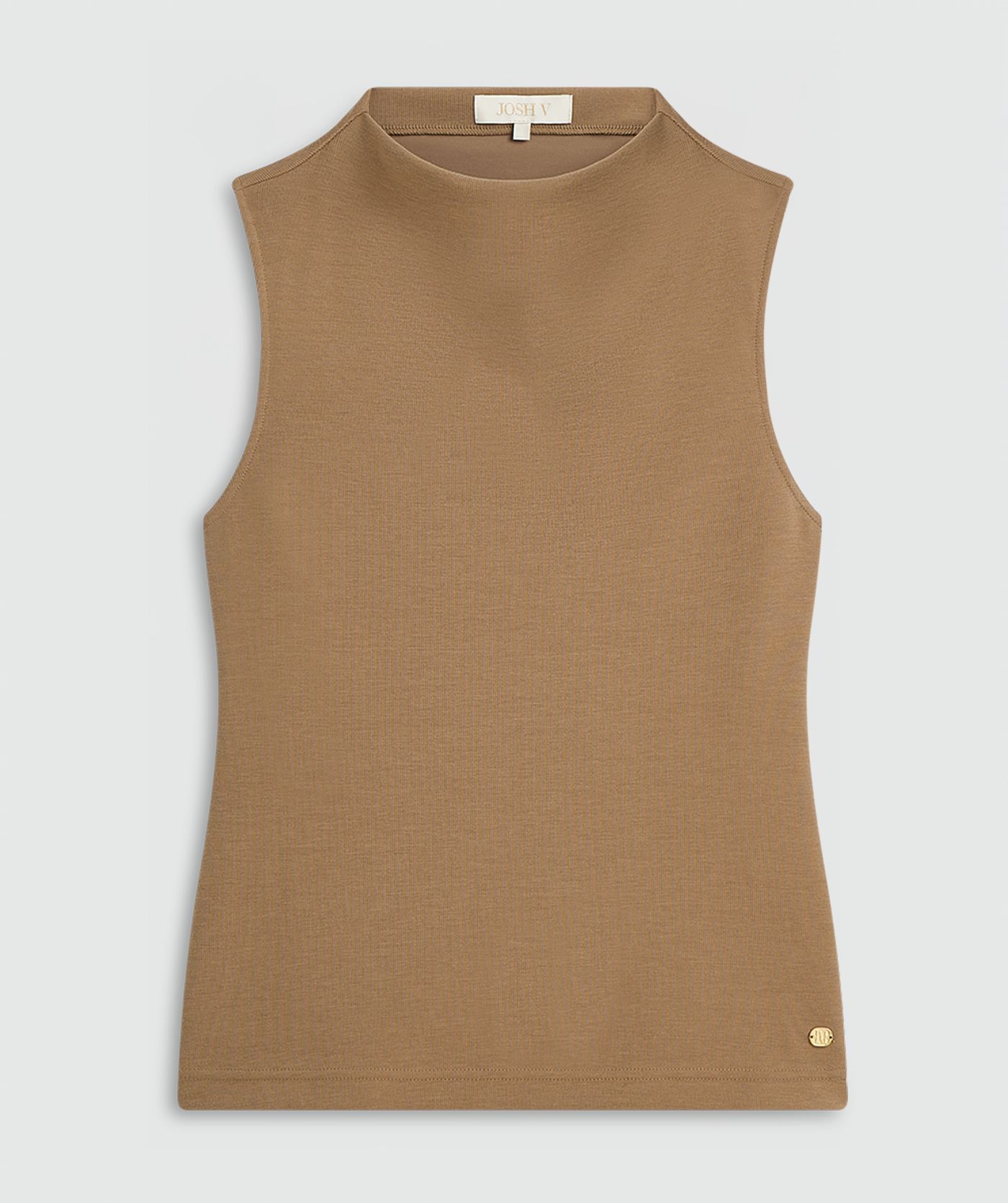 Light Khaki sleeveless jersey top zonder model, weergegeven op een lichtgrijze achtergrond