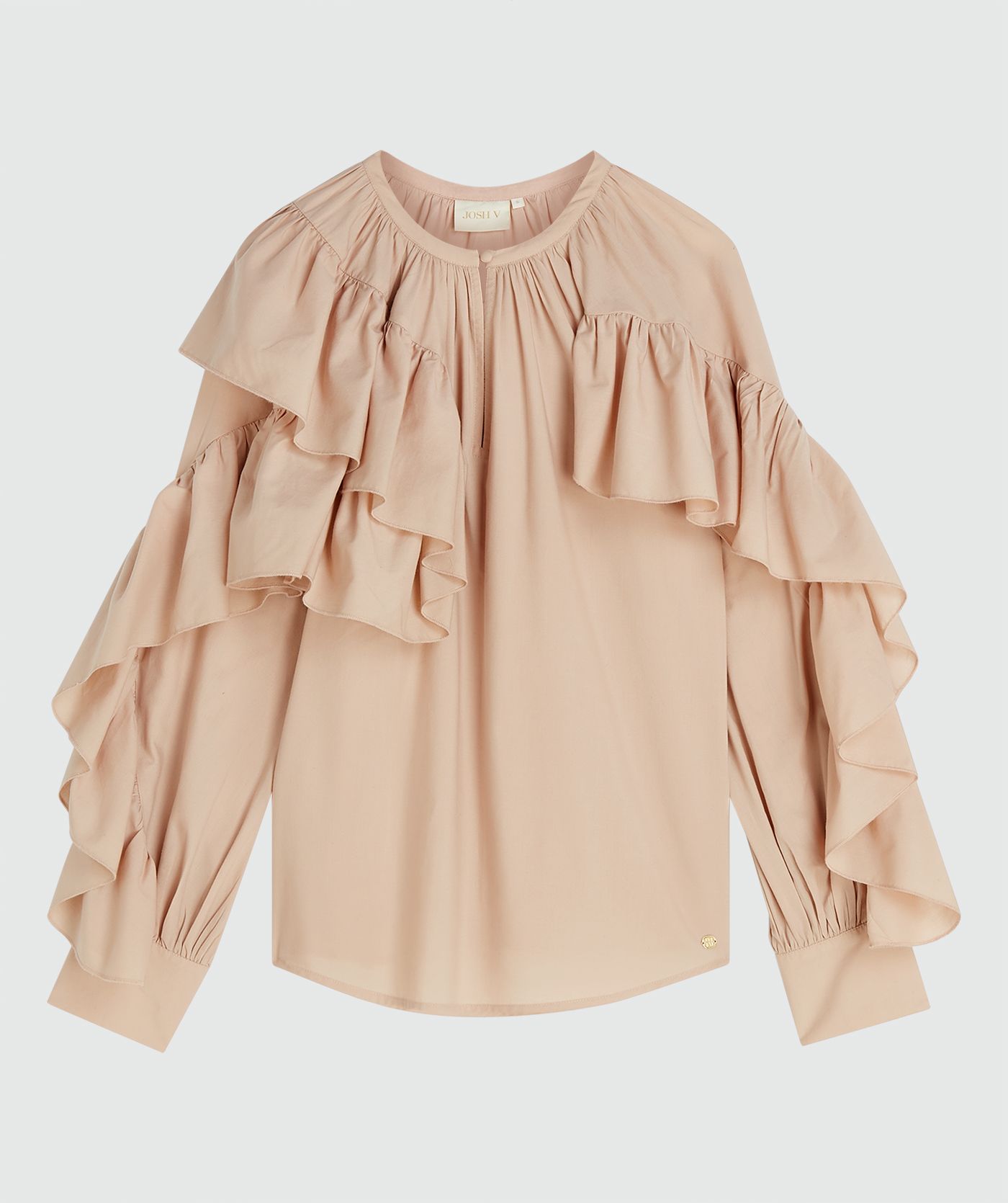 Een regular fit blouse met ruffles in de kleur Dusty Pink zonder model, weergegeven op een lichtgrijze achtergrond