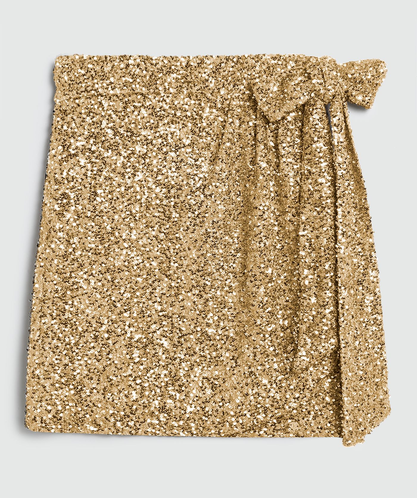 Goud zilver pailletten rok met striksluiting zonder model, weergegeven op een lichtgrijze achtergrond - JOSH V