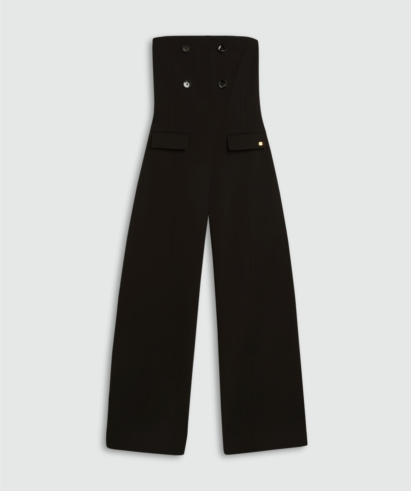 Zwarte wide leg jumpsuit zonder model, weergegeven op een lichtgrijze achtergrond