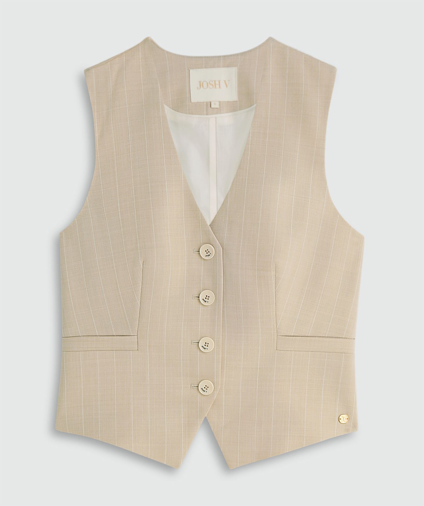 Fitted gilet met krijtstreep zonder model, weergegeven op een lichtgrijze achtergrond. 