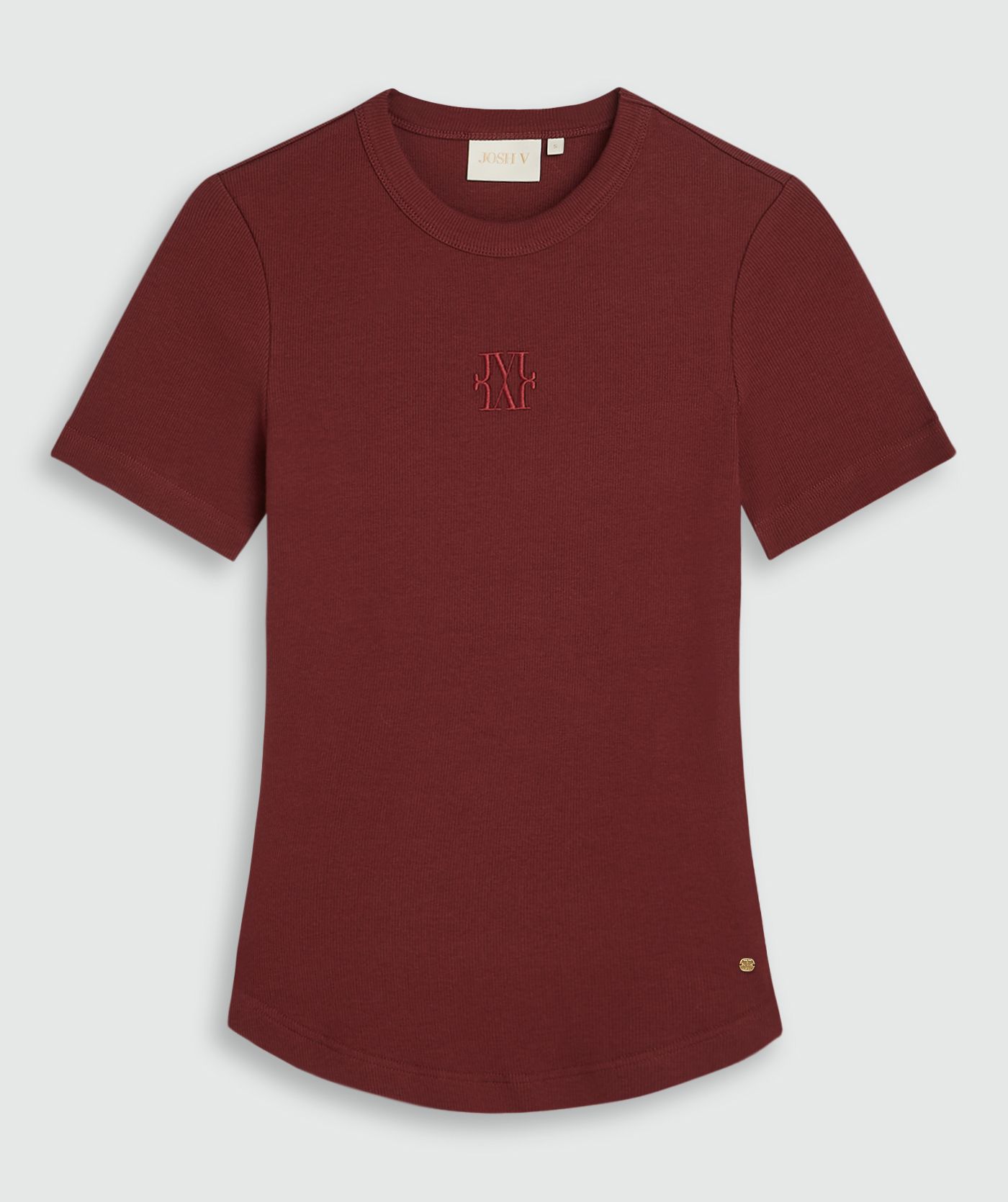 Donkerrood T-shirt met een JOSH V logo op de borst zonder model, weergegeven op een lichtgrijze achtergrond.