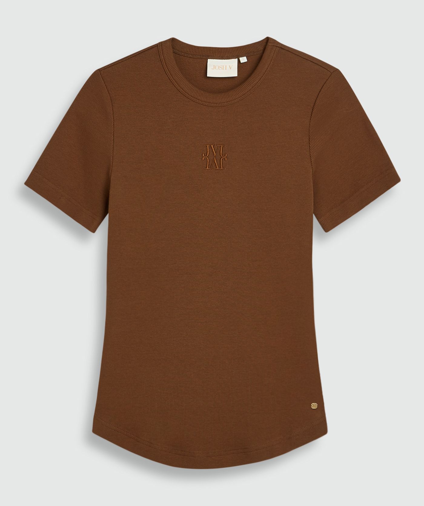 Donkerbruin T-shirt met een JOSH V logo op de borst zonder model, weergegeven op een lichtgrijze achtergrond