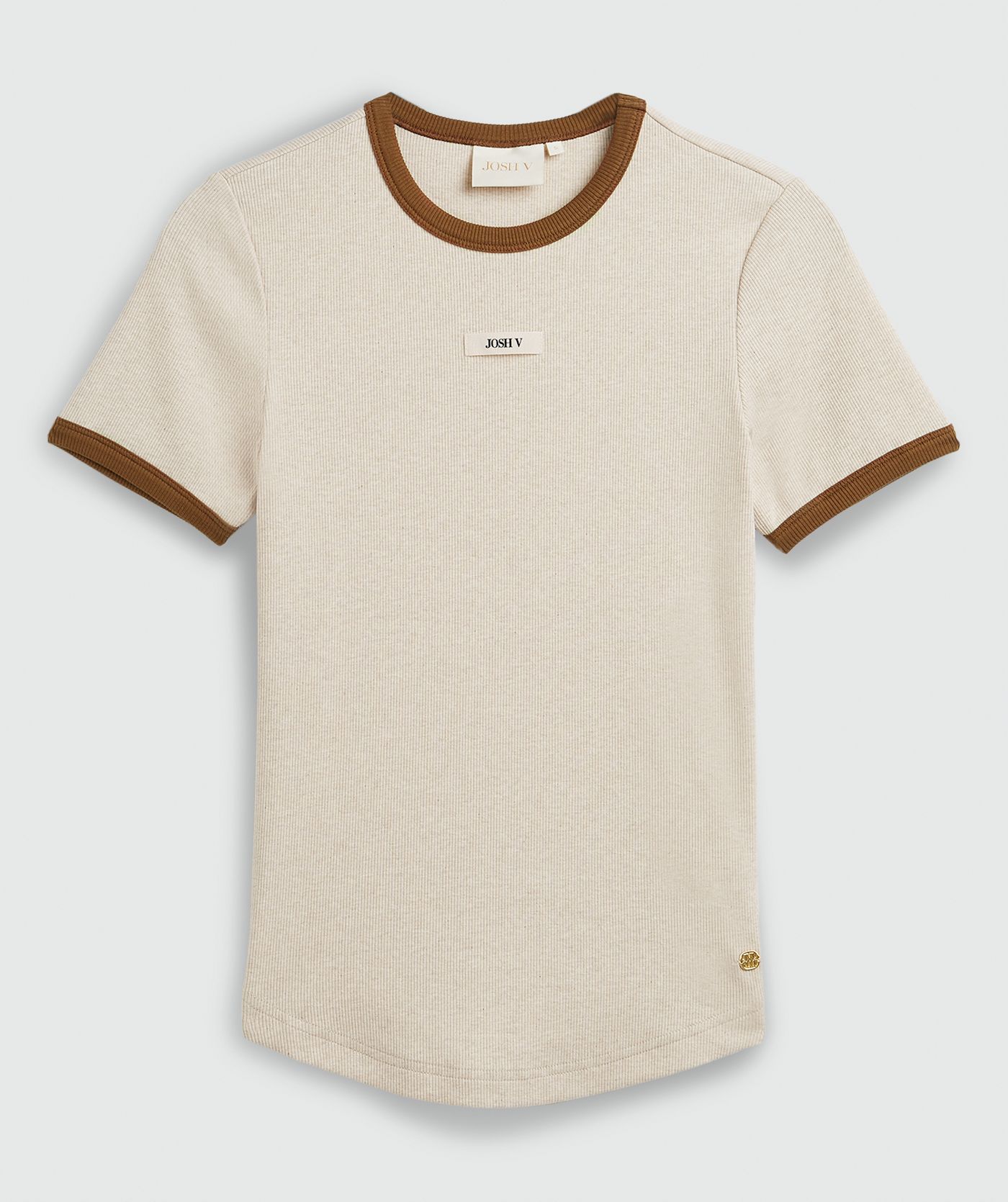 Een slim fit T-shirt met logo, in de kleur Oat Melange, weergegeven op een lichtgrijze achtergrond