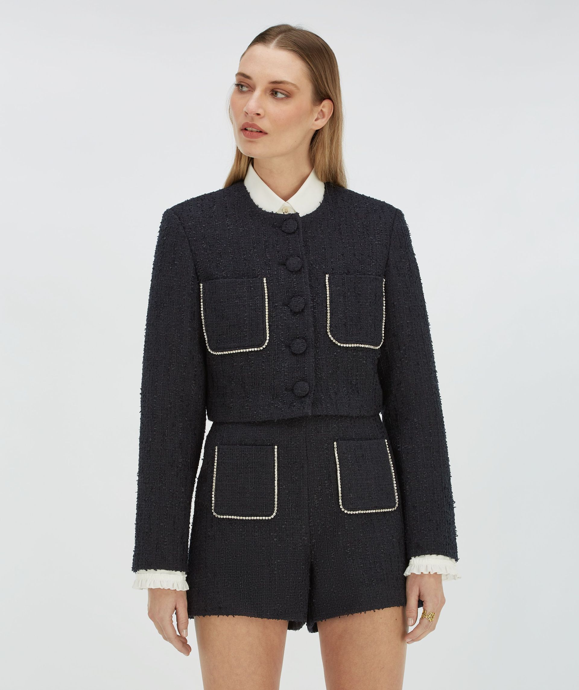 DAANTJE cropped bouclé blazer with decorative stones