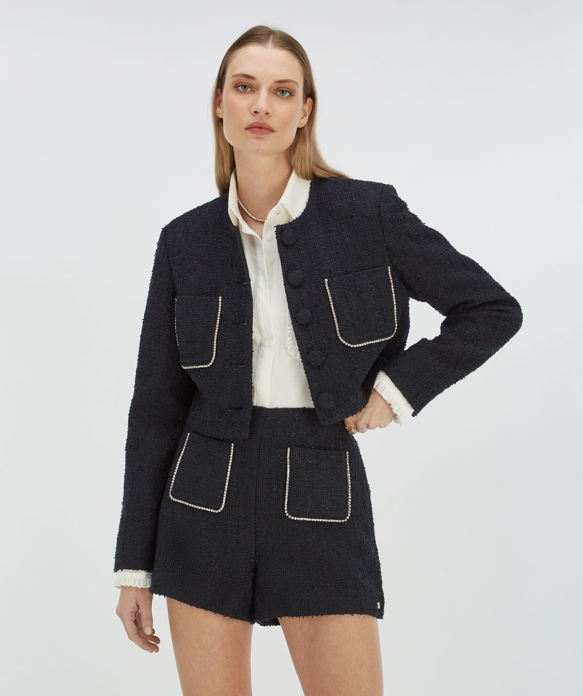 DAANTJE cropped bouclé blazer with decorative stones