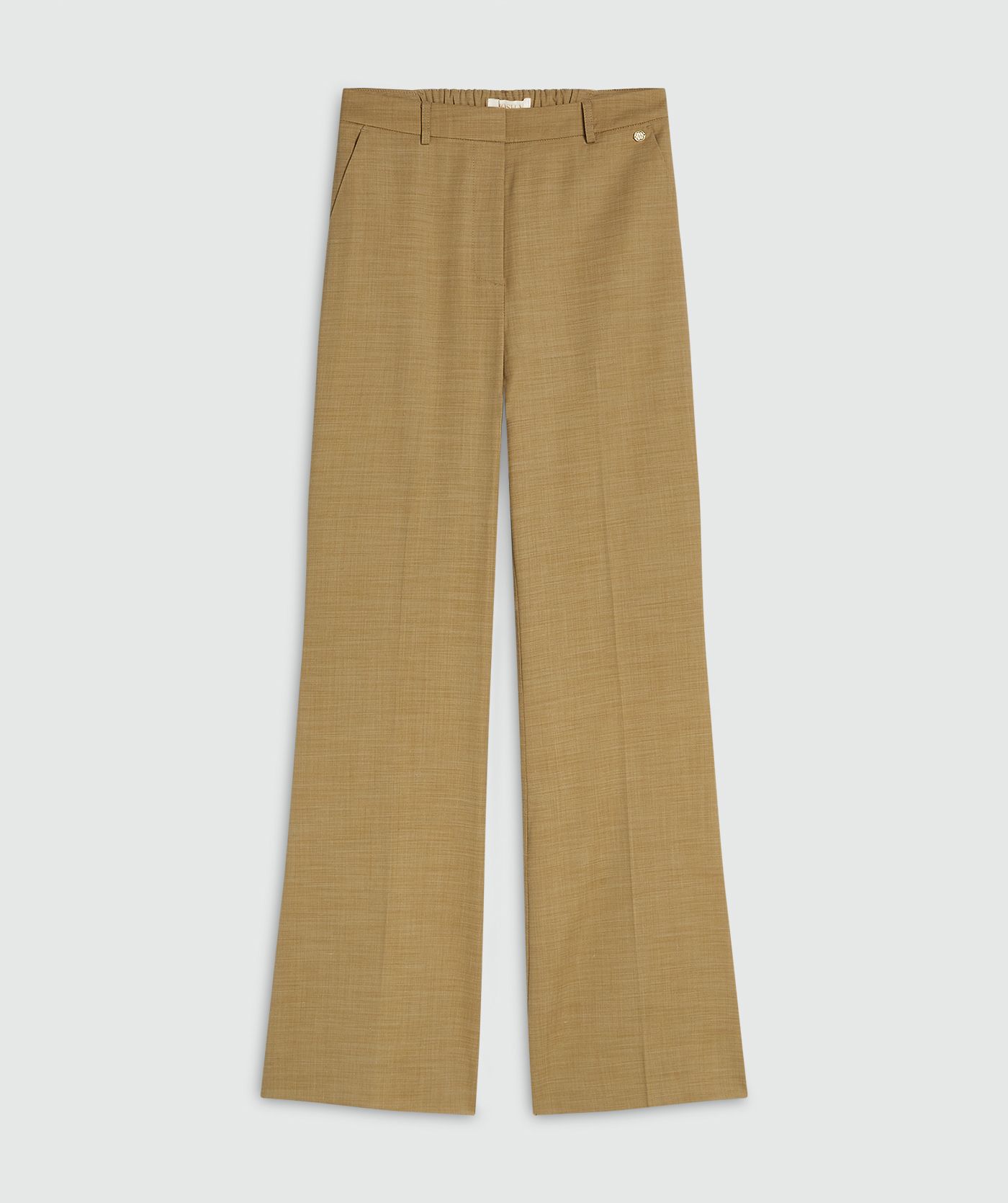 Een high rise fitted pantalon in de kleur Light Camel, weergegeven op een lichtgrijze achtergrond