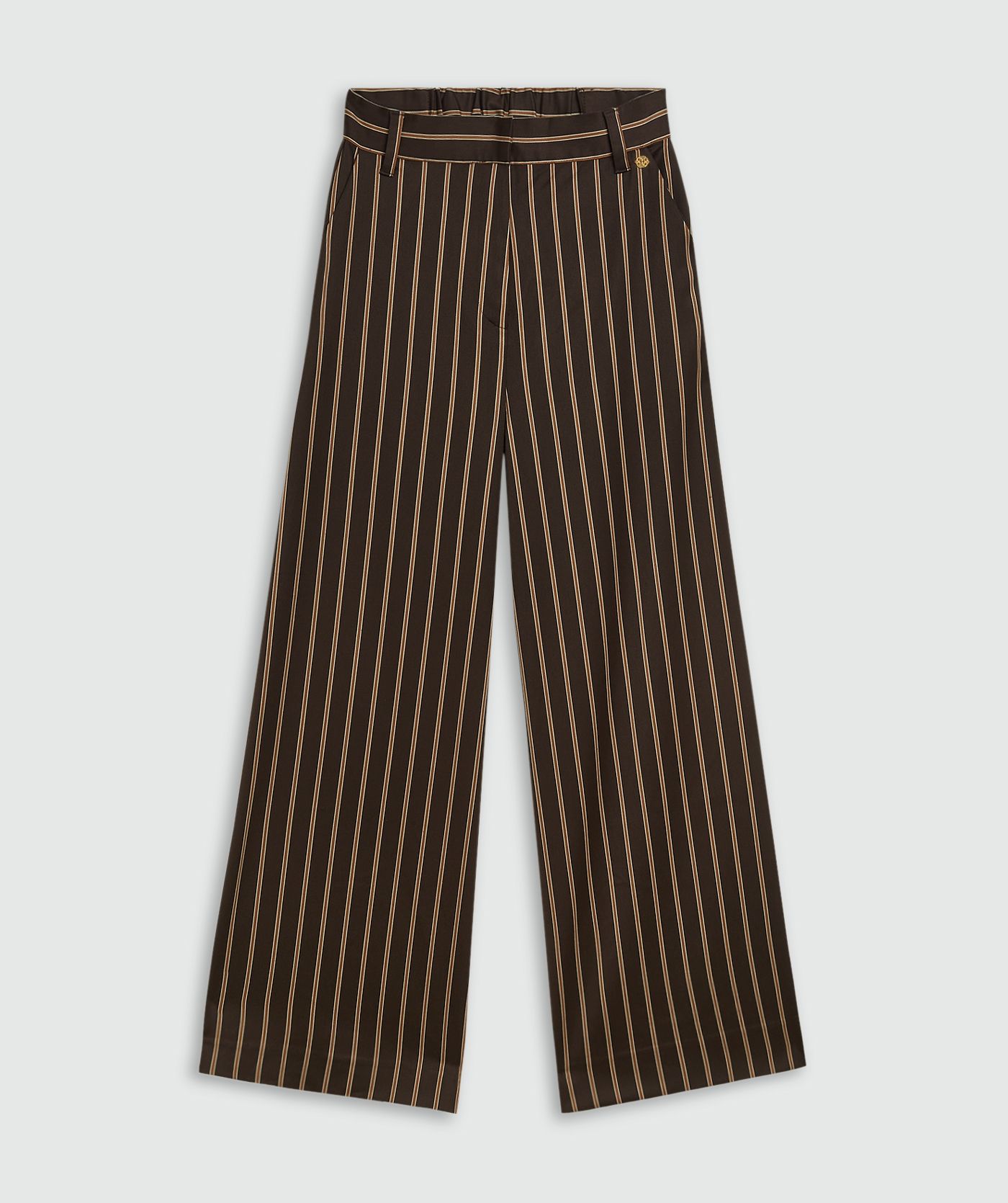 Mid rise wide leg pantalon met strepen zonder model, weergegeven op een lichtgrijze achtergrond