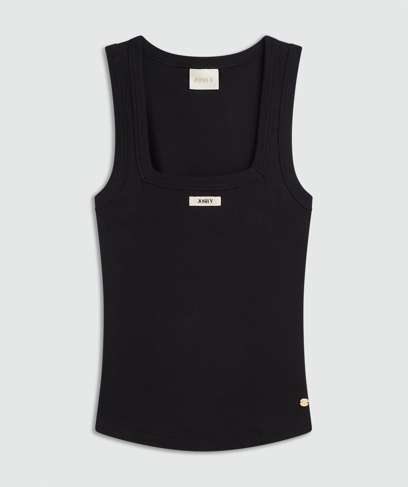 Zwart T-shirt zonder mouwen met JOSH V embleem op de borst, zonder model weergegeven op een lichtgrijze achtergrond