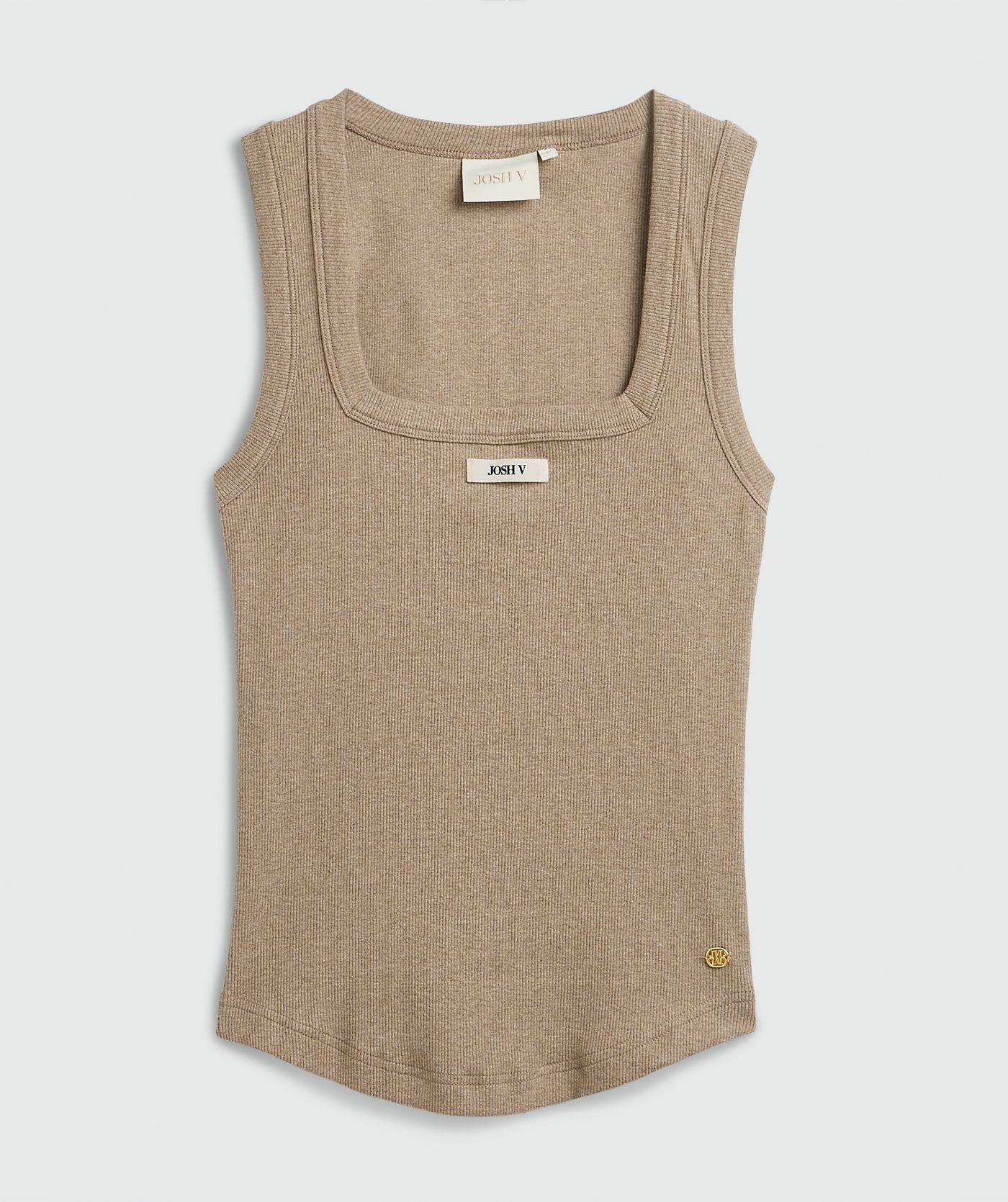 Een slim fitted top met logo, in de kleur Khaki Melange, weergegeven op een lichtgrijze achtergrond