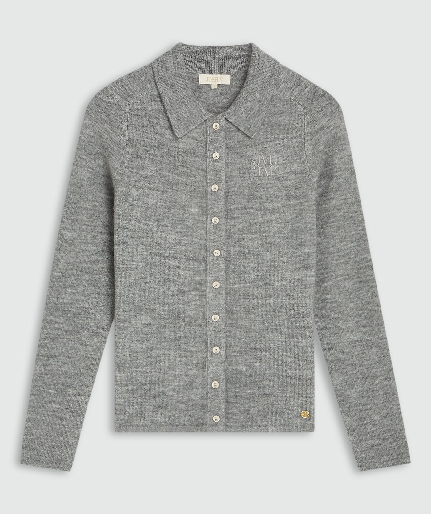 Grijs vest met witte knoopjes en een kraag zonder model, weergegeven op een lichtgrijze achtergrond.