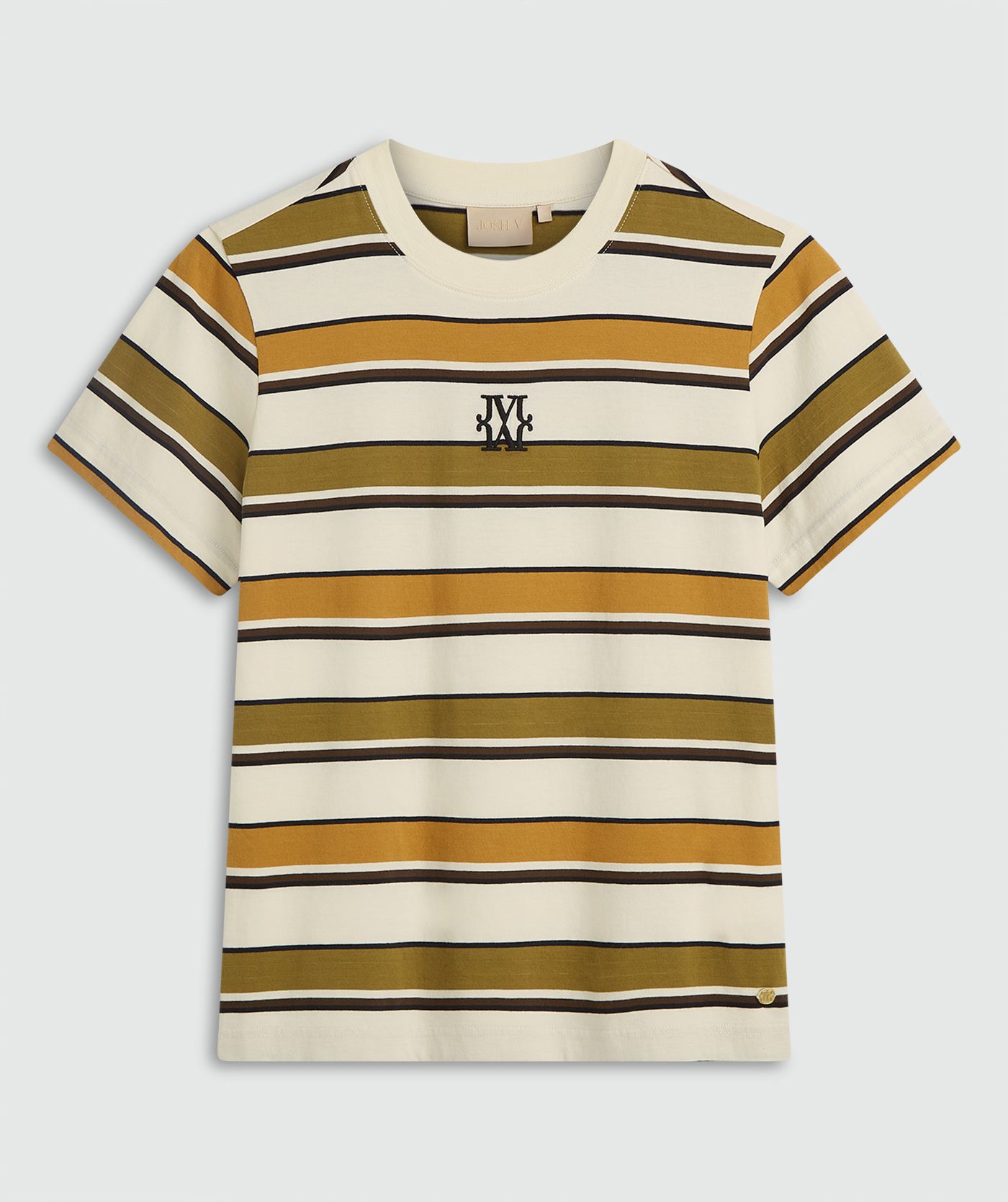 Olive Green Stripe korte mouwen T-shirt. Het T-shirt heeft een regular fit, een ronde hals, streeppatroon en het JOSH V monogram op de borst zonder model, weergegeven op een lichtgrijze achtergrond