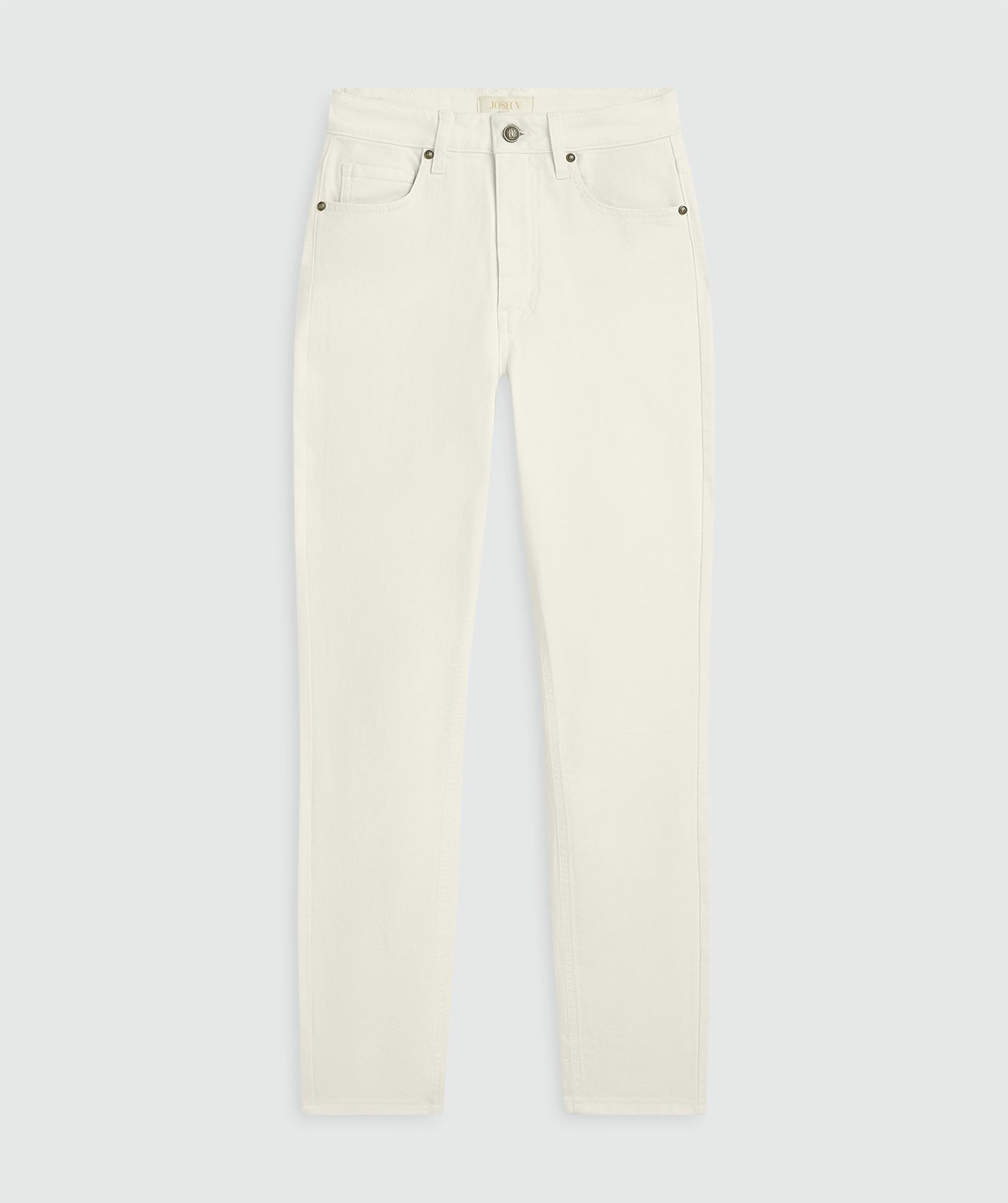 Creme White high rise skinny zonder model, weergegeven op een lichtgrijze achtergrond
