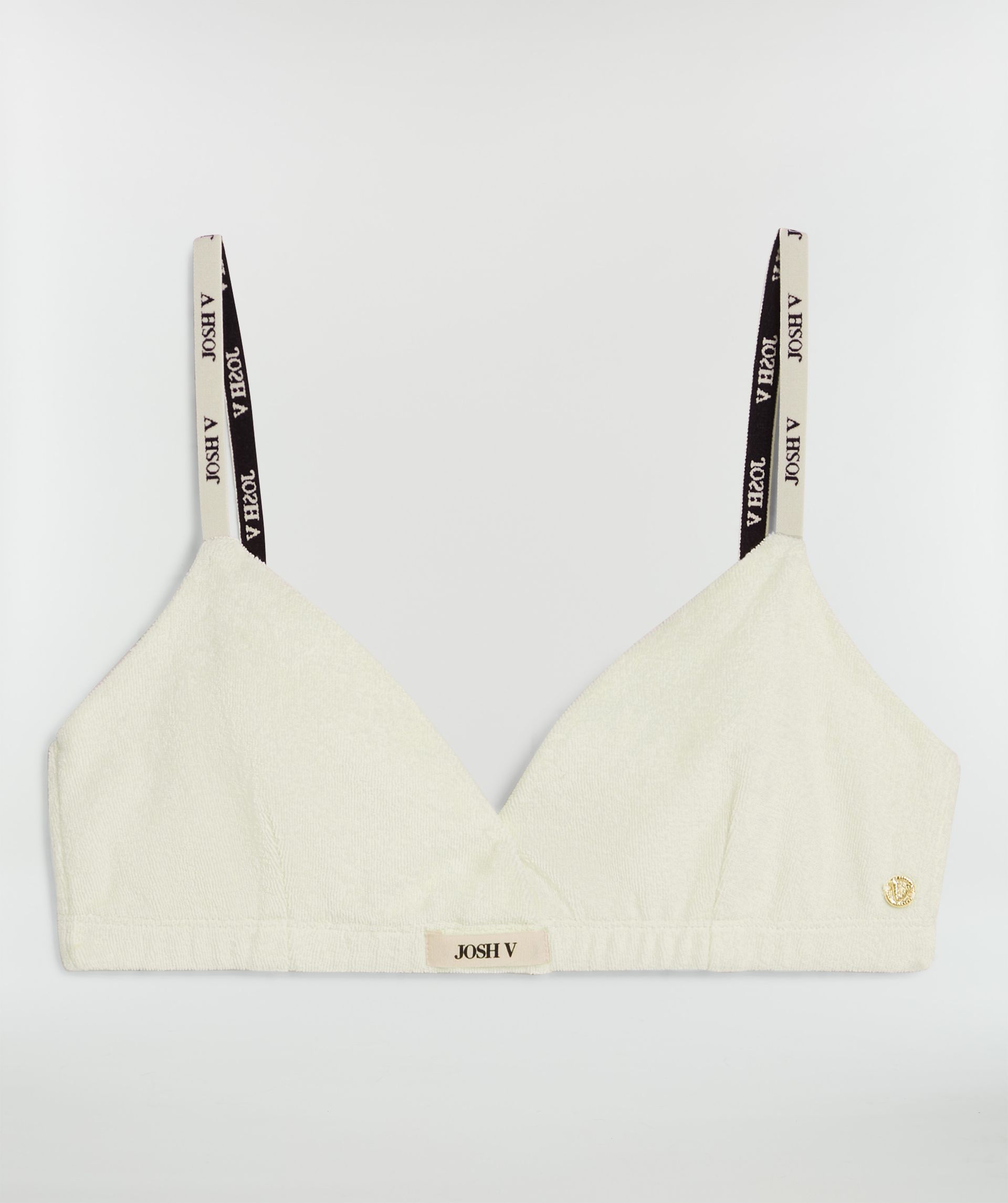 Gebroken witte bralette met bandjes voorzien van JOSH V-logo’s zonder model, weergegeven op een lichtgrijze achtergrond - Josh V.