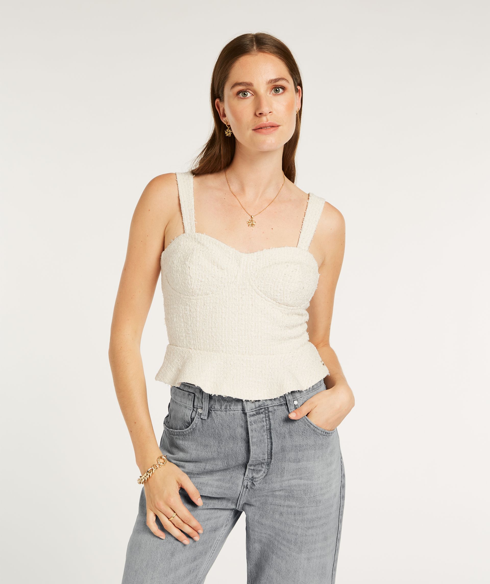 ELLY tailliertes Bustier-Top aus Bouclé mit Glitter