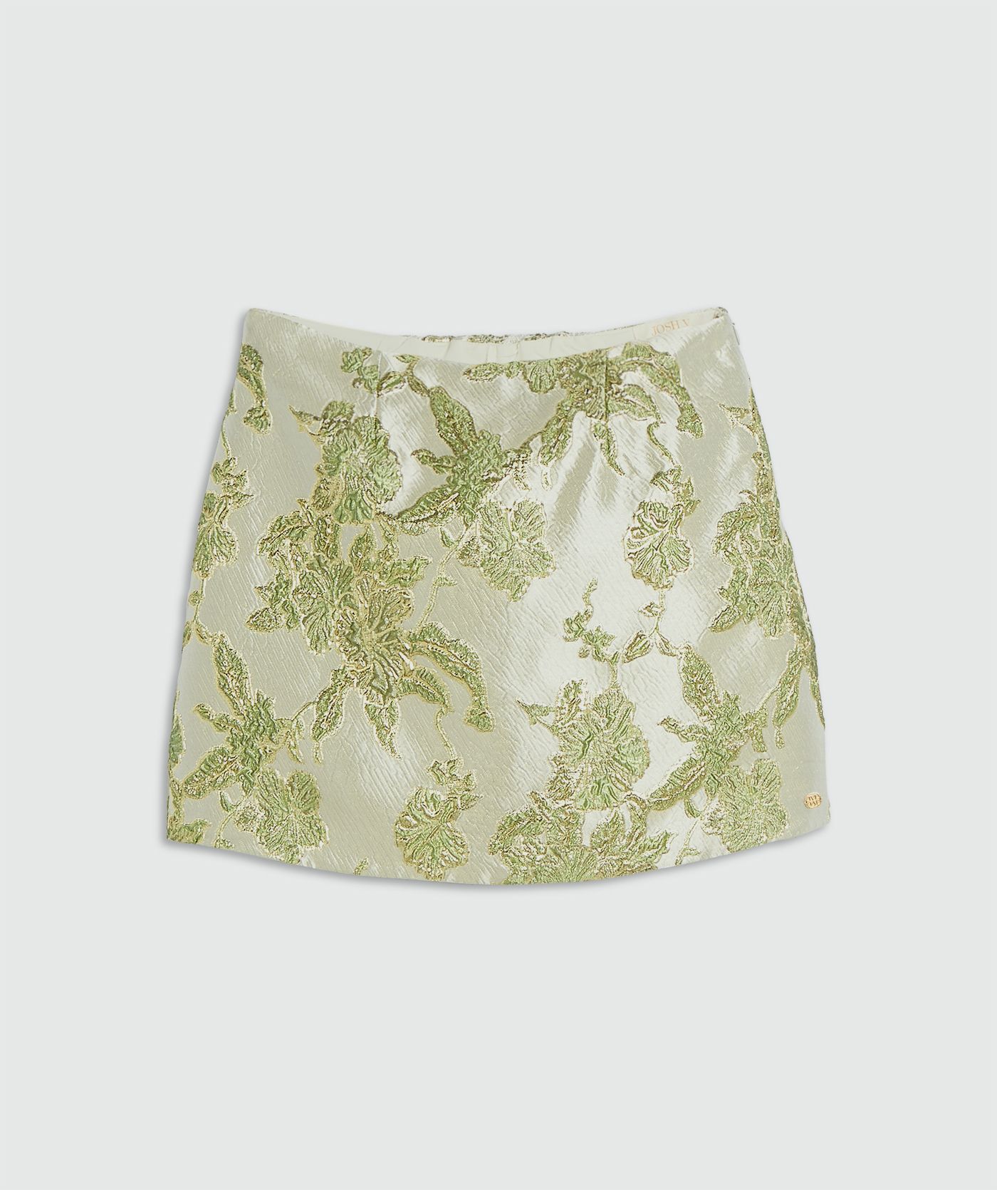 Een high waisted rok met metallic details in de kleur Dark Pistachio, weergegeven op een lichtgrijze achtergrond