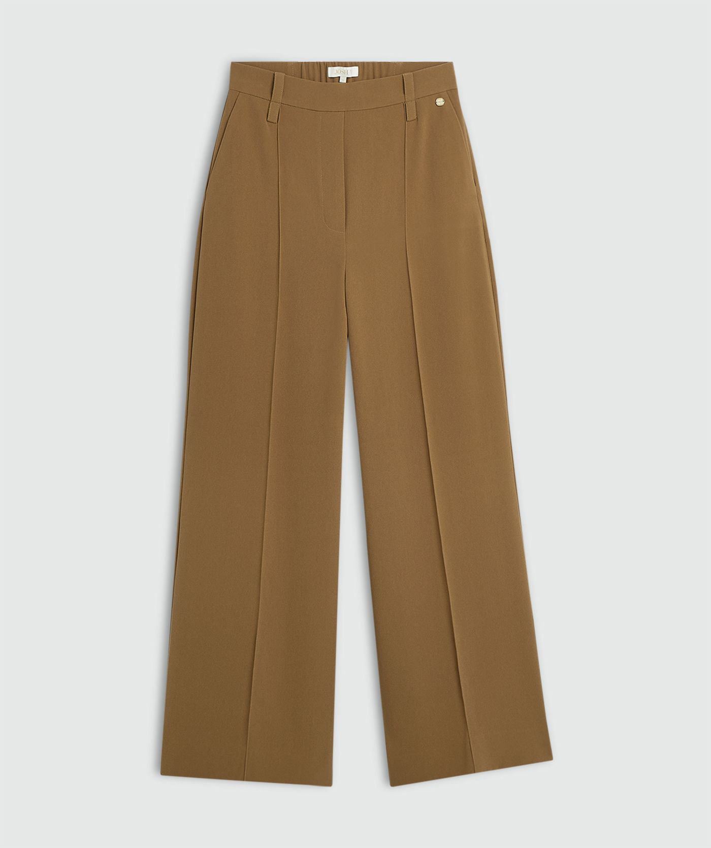 Een high waisted wide leg pantalon in de kleur Khaki, weergegeven op een lichtgrijze achtergrond