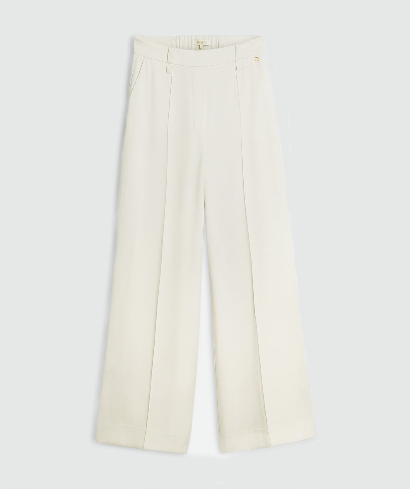 Een high waisted wide leg pantalon in de kleur Off White, weergegeven op een lichtgrijze achtergrond