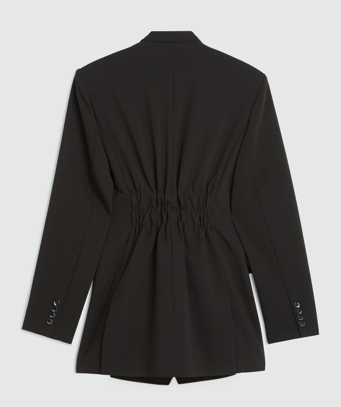 Achteraanzicht van een oversized zwarte blazerjurk zonder model, weergegeven op een lichtgrijze achtergrond - JOSH V
