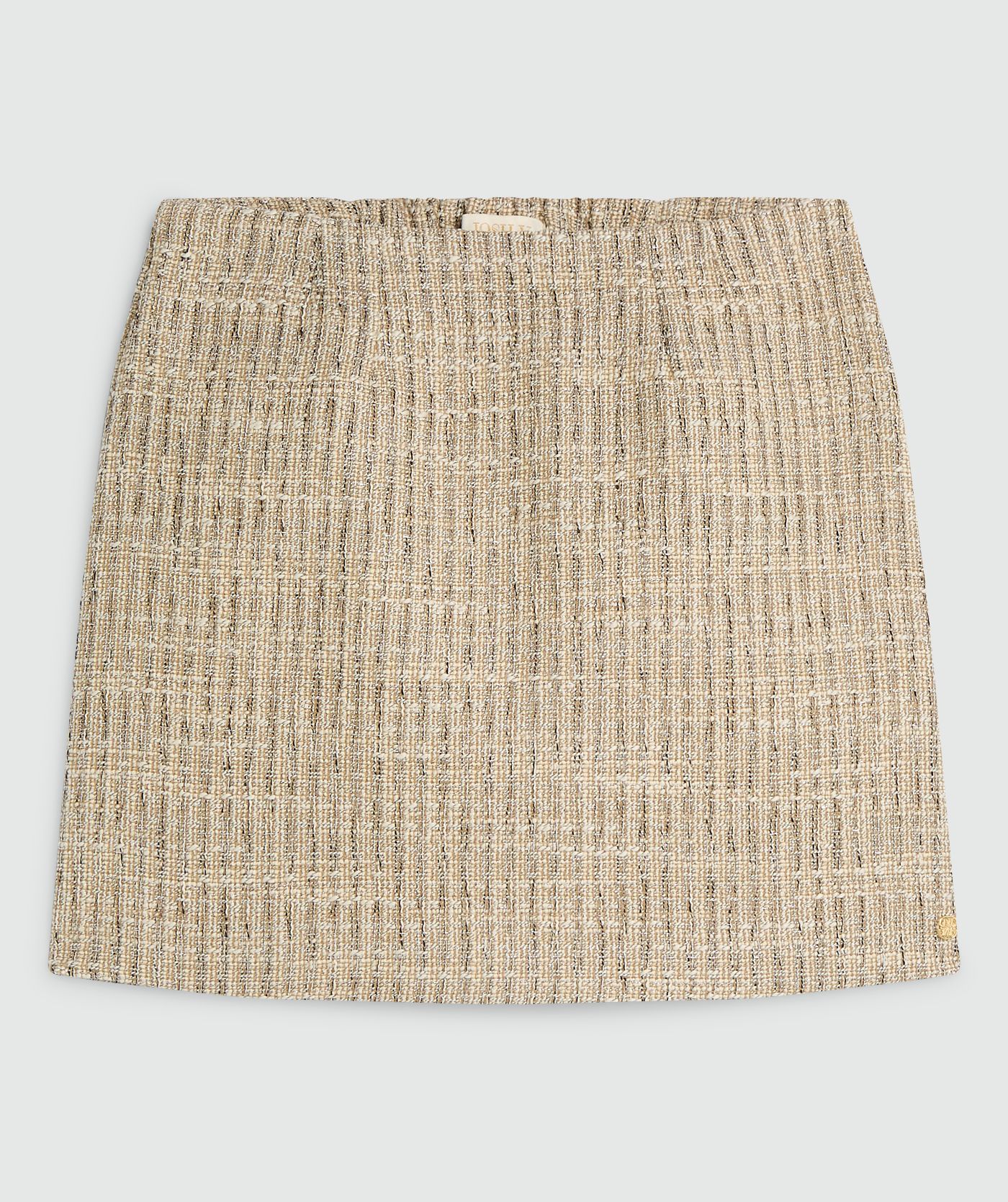 Light ecru high waisted rok met lurex zonder model, weergegeven op een lichtgrijze achtergrond - Josh V