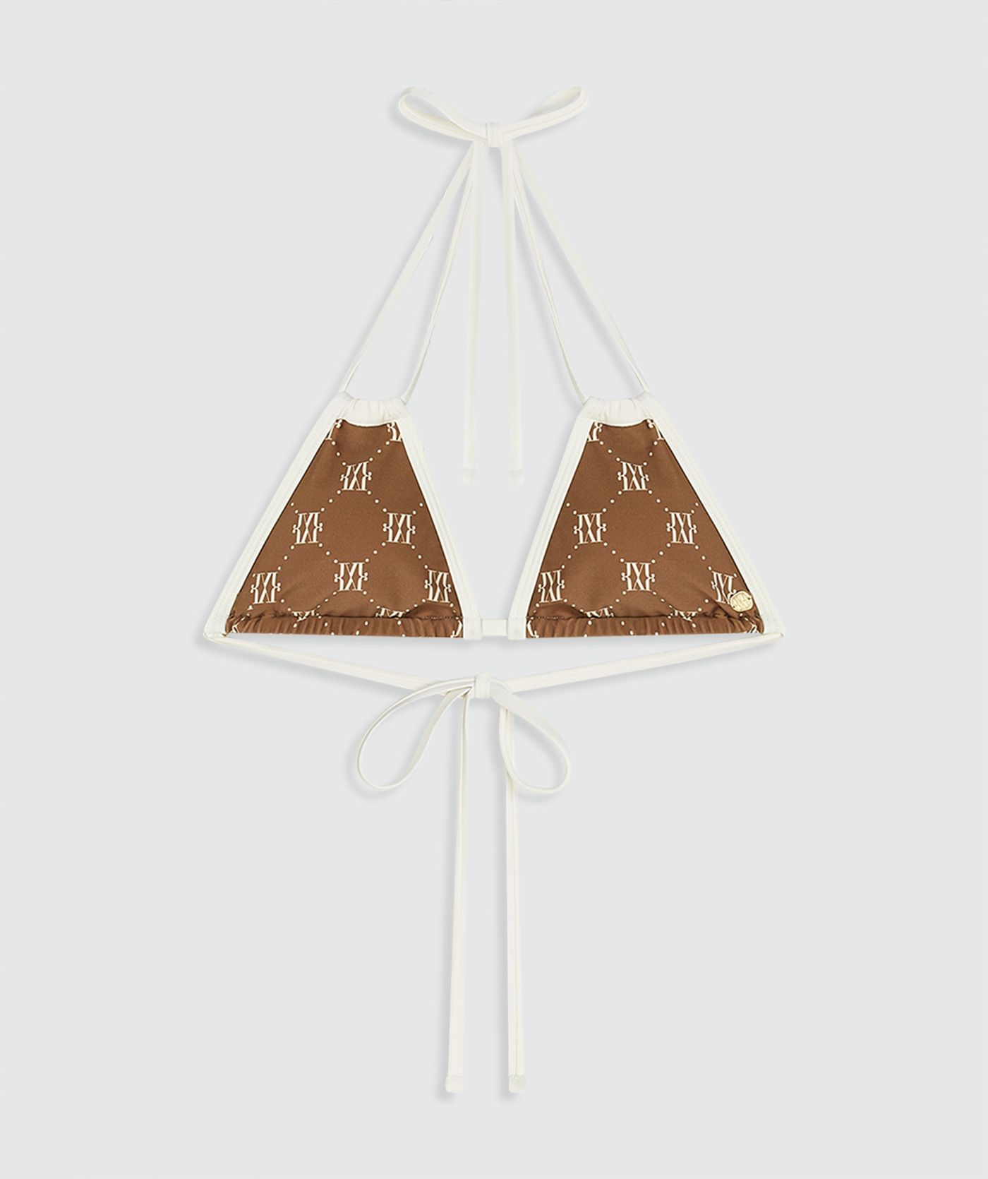 Een triangle bikinitop in de kleur Brown Ecru, zonder model, weergegeven op een lichtgrijze achtergrond
