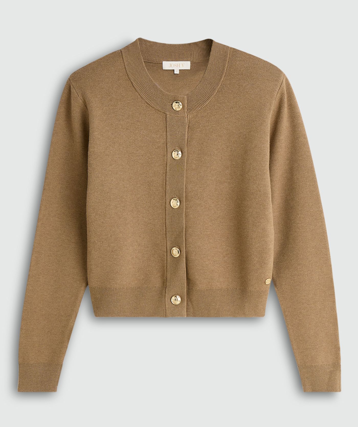 Vest met gouden knopen in de kleur Khaki zonder model, weergegeven op een lichtgrijze achtergrond