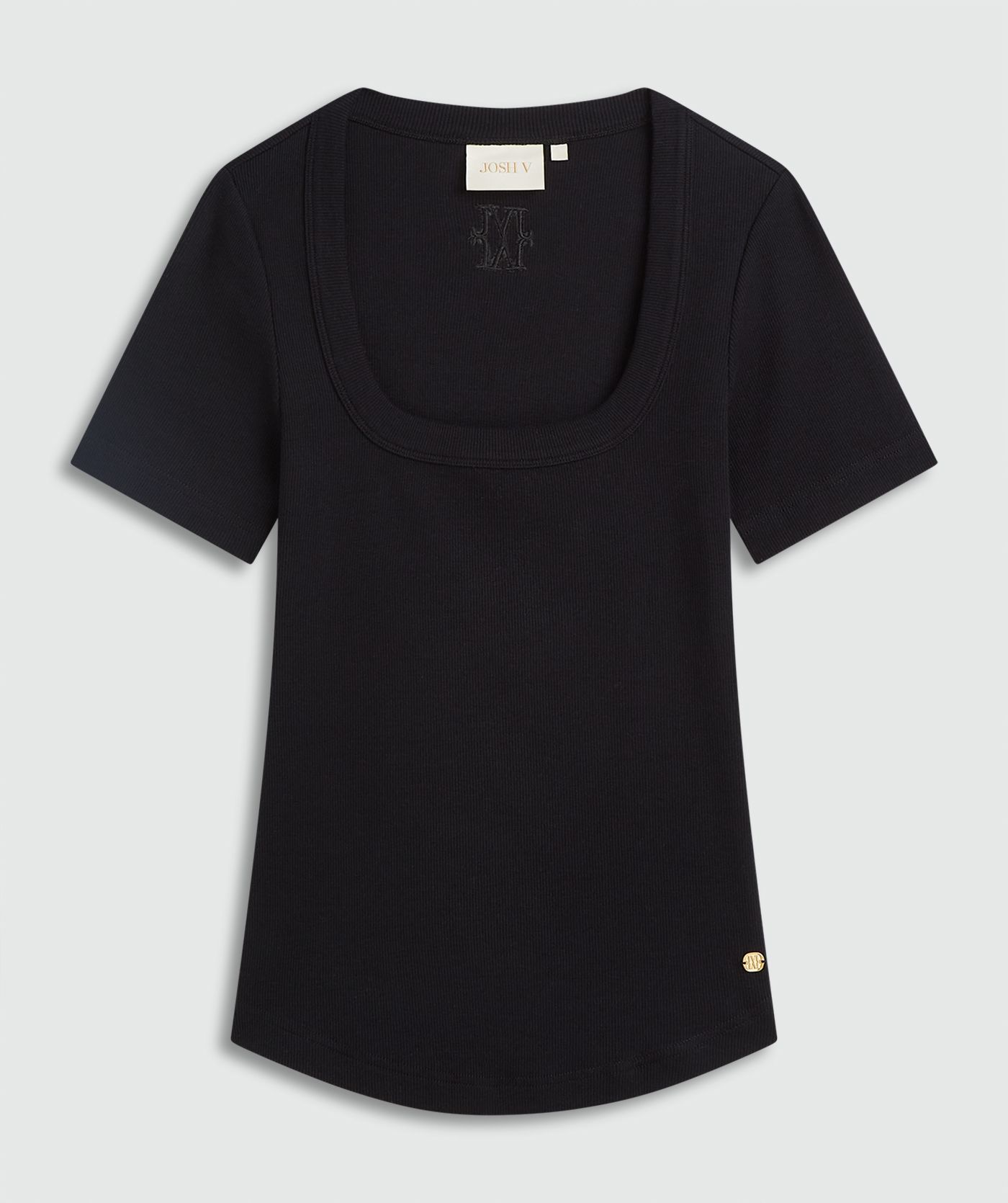 Zwarte top met korte mouwen en een vierkante hals zonder model, weergegeven op een lichtgrijze achtergrond