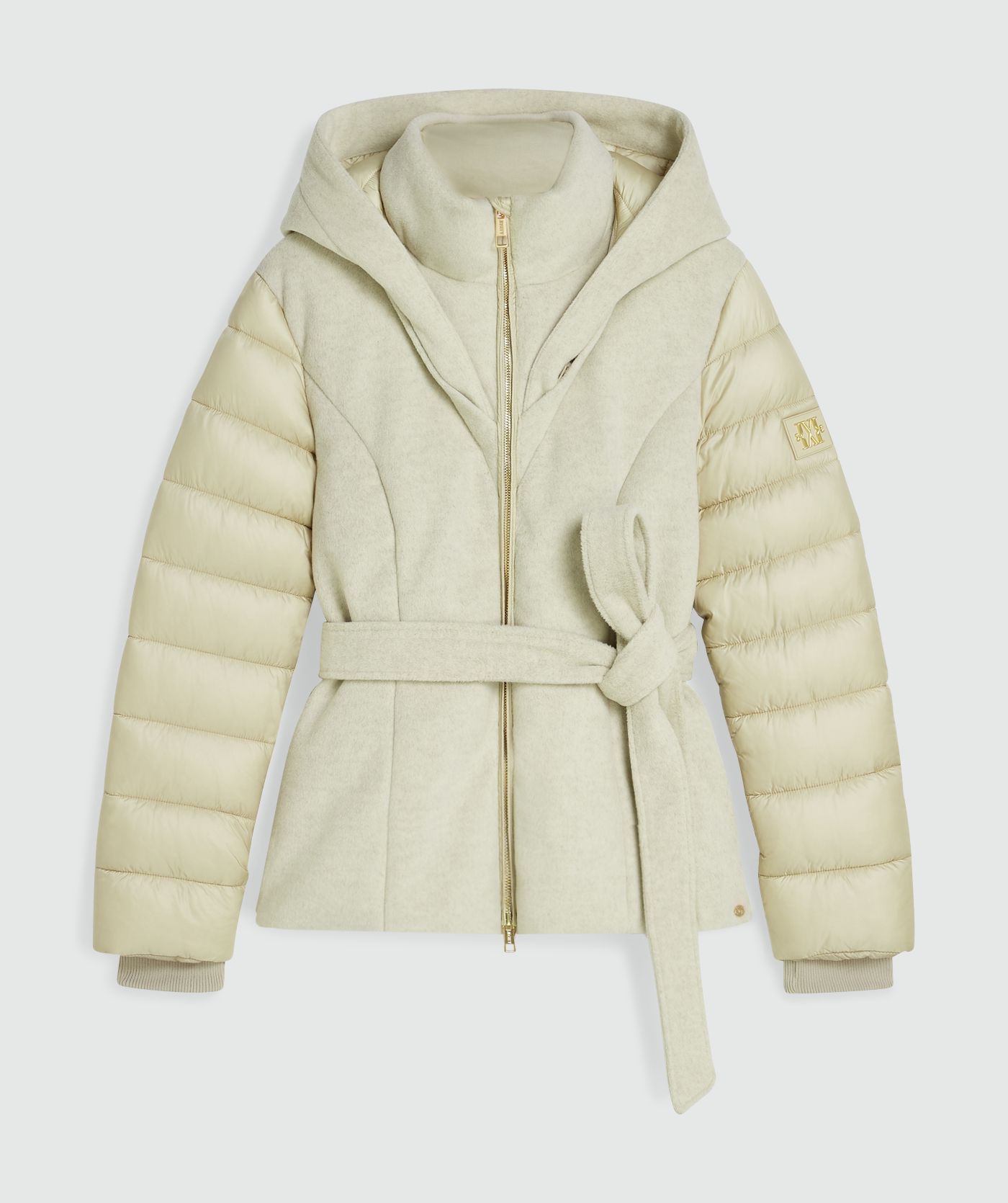 Light Beige gewatteerde jas met capuchon, hoge kraag en ceintuur - Josh V