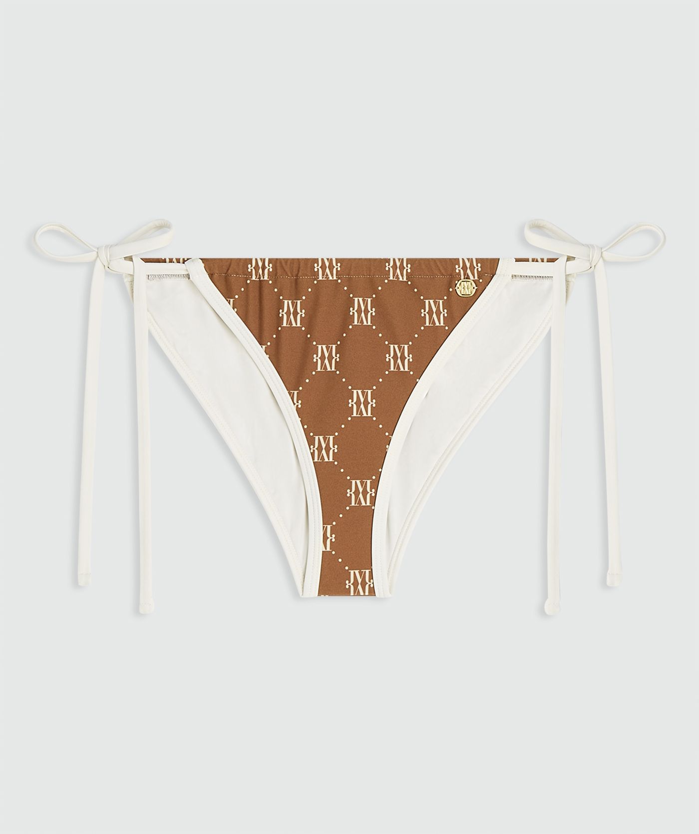 Een mid rise bikinibroekje in de kleur Brown Ecru, zonder model, weergegeven op een lichtgrijze achtergrond