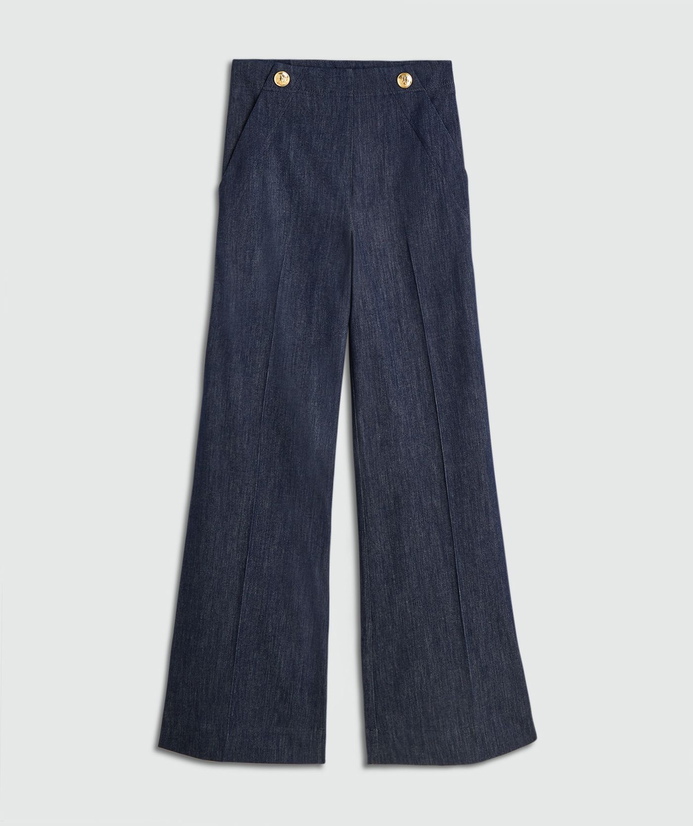 Donkerblauwe pantalin zonder model, weergegeven op een lichtgrijze achtergrond