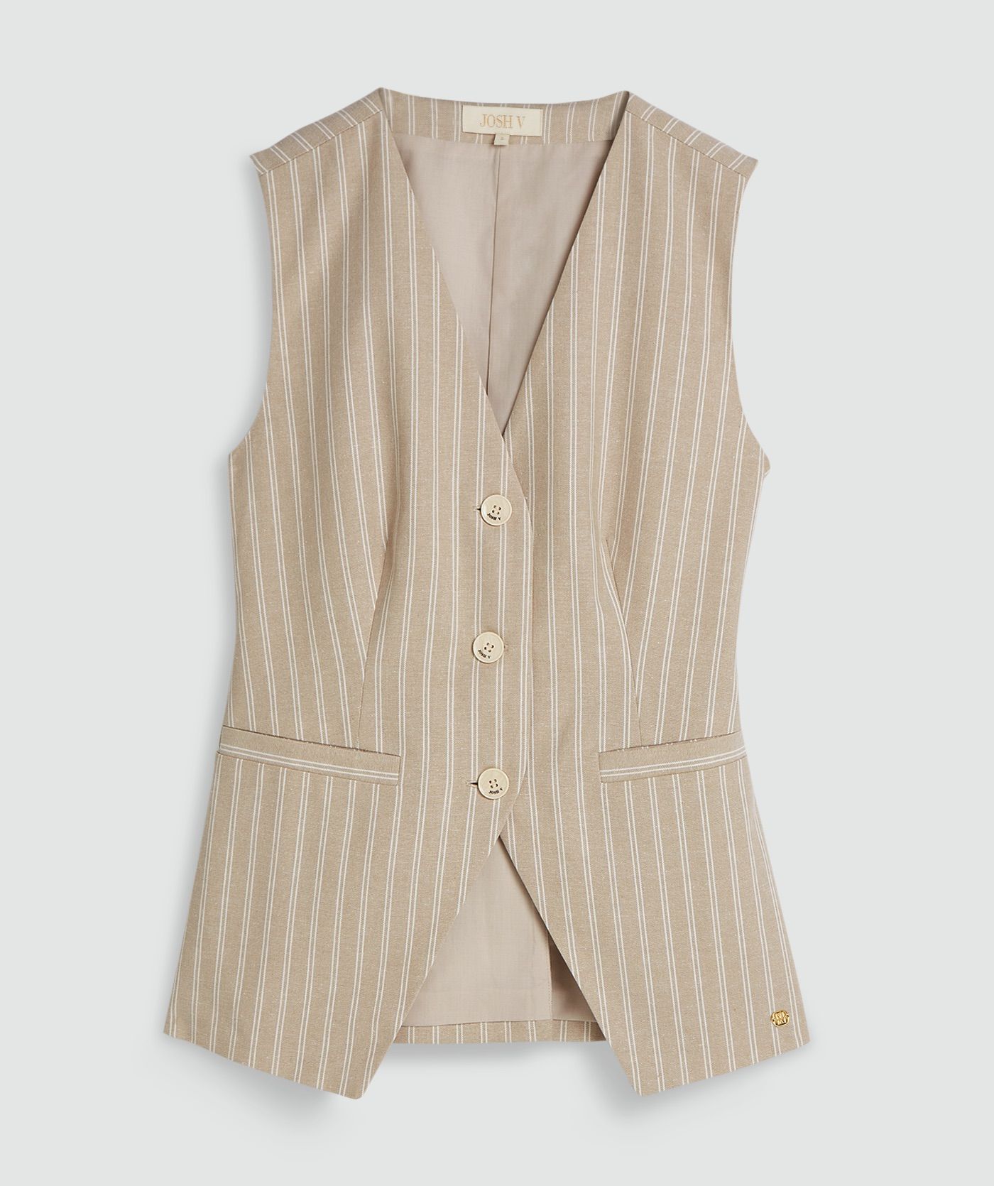 Een gilet met strepen in de kleur Stone Stripe, zonder model, weergegeven op een lichtgrijze achtergrond