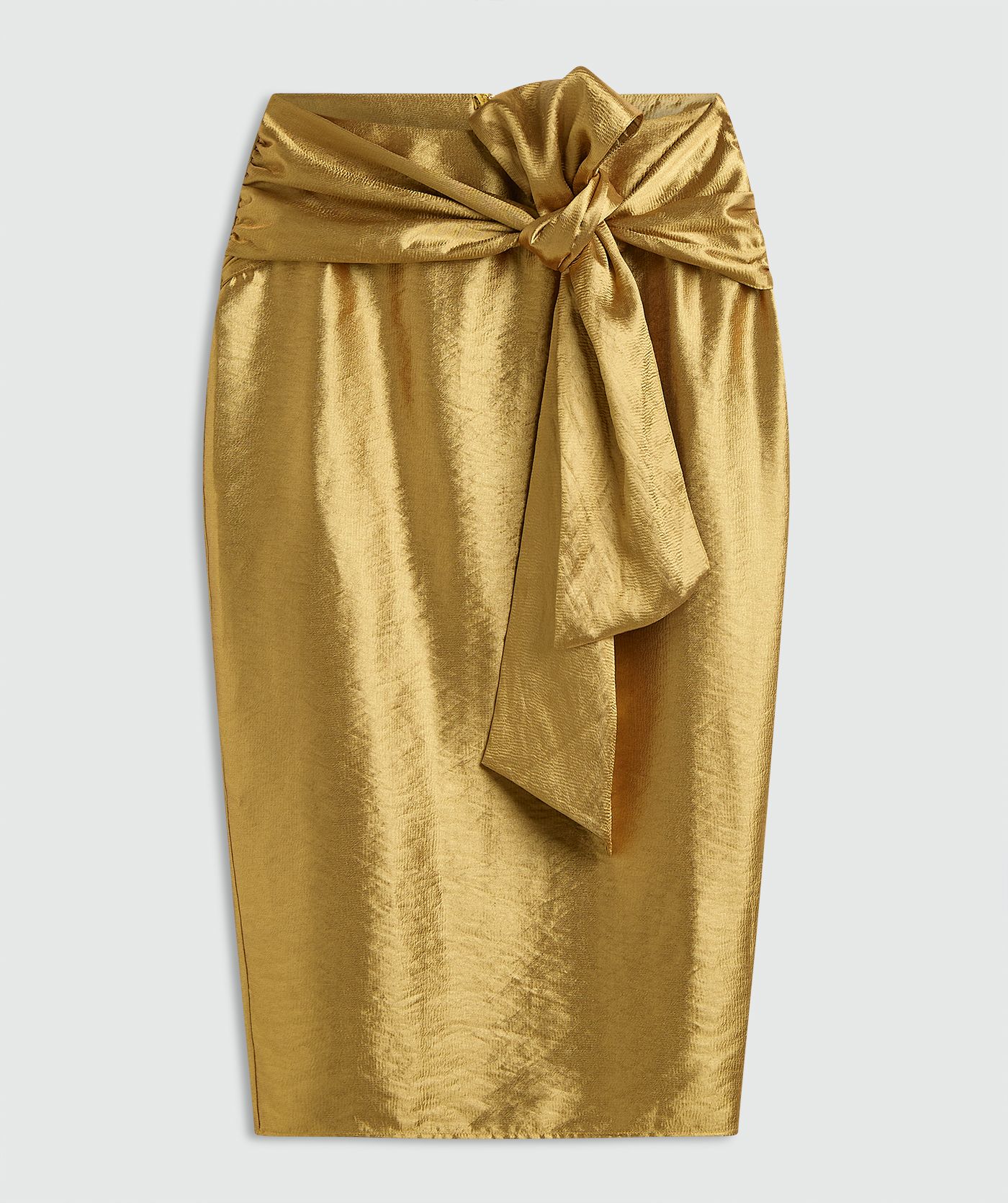 Dark Gold midi kort met een overslagdetail en een strikceintuur in de taille zonder model, weergegeven op een lichtgrijze achtergrond
