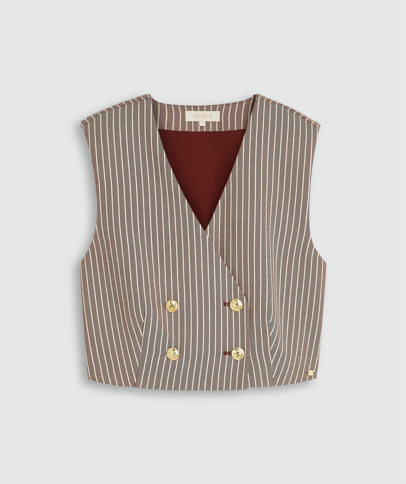 Donkerrood wit gestreept gilet met gouden knopen zonder model, weergegeven op een lichtgrijze achtergrond.