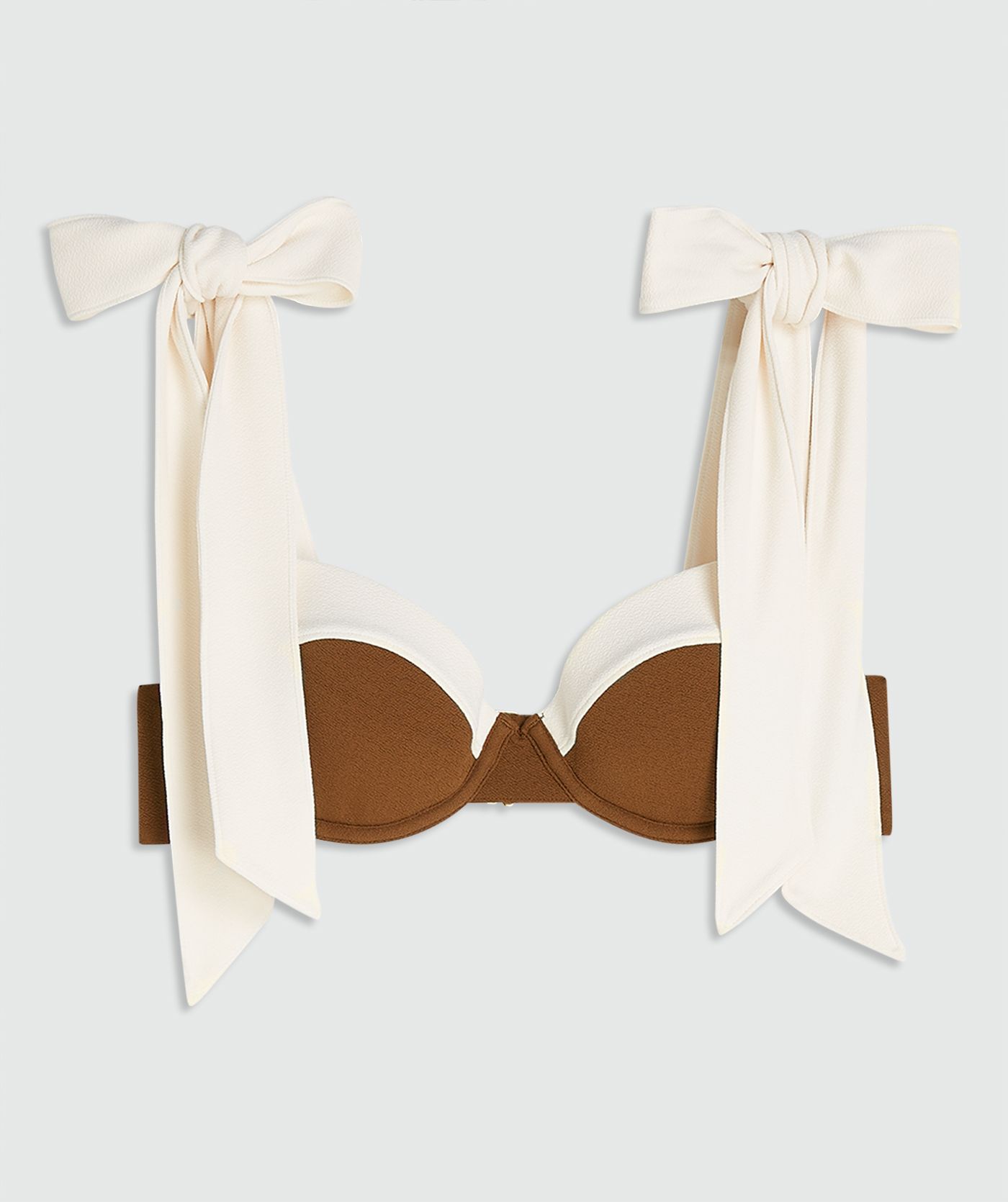 Een bikinitop met voorgevormde cups in de kleur Ecru Melange, zonder model, weergegeven op een lichtgrijze achtergrond