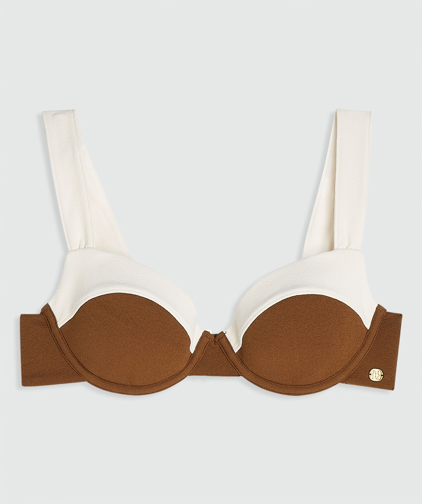Een bikinitop met voorgevormde cups in de kleur Ecru Melange, zonder model, weergegeven op een lichtgrijze achtergrond