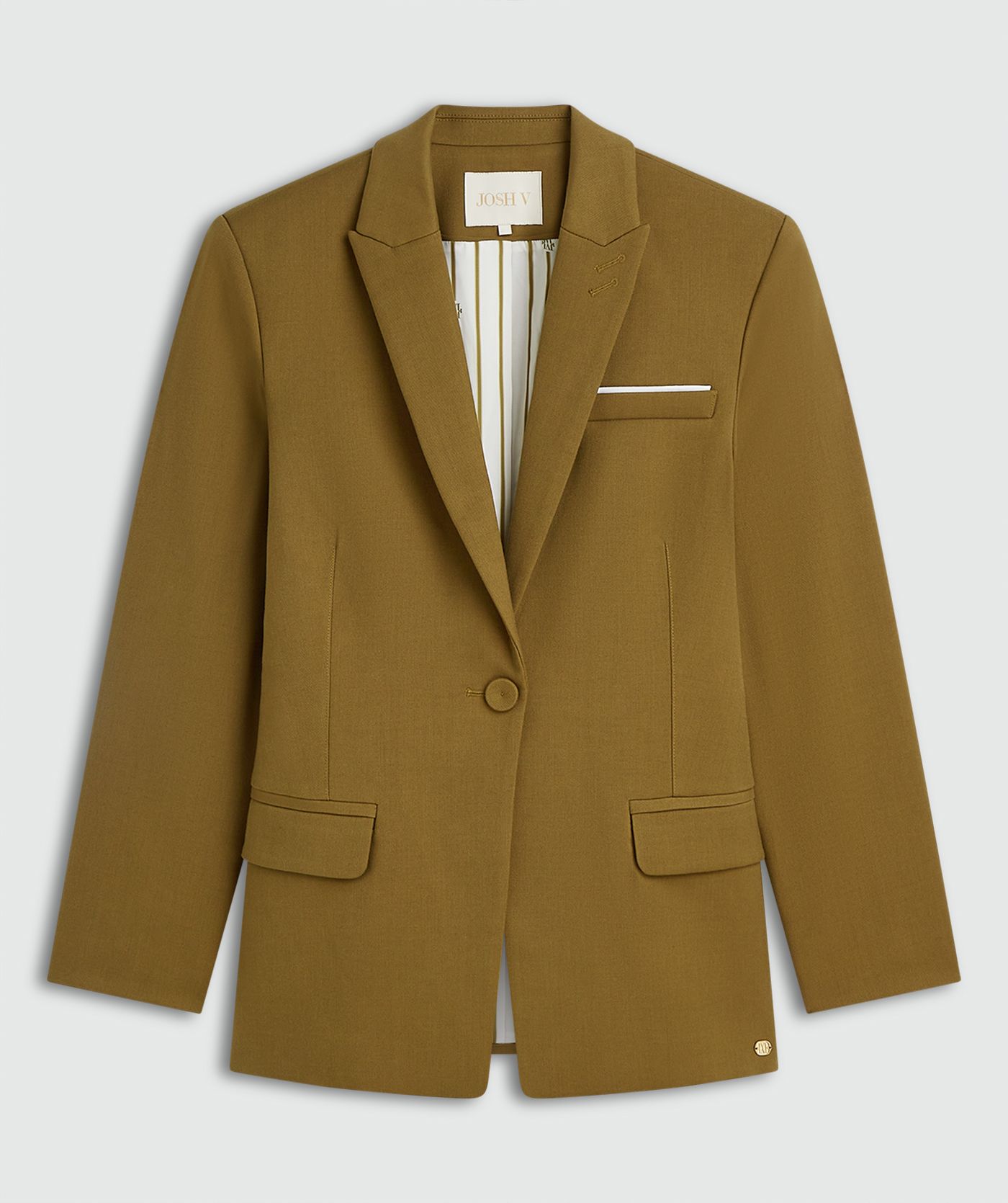 Olive Green blazer met klepzakken zonder model, weergegeven op een lichtgrijze achtergrond