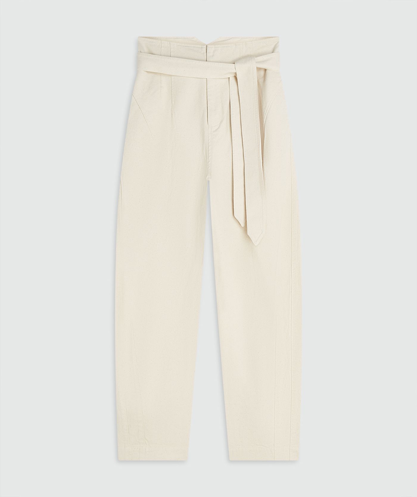 Een high waisted balloon fit broek met strikdetail in de waistband in de kleur Ecru, zonder model, weergegeven op een lichtgrijze achtergrond