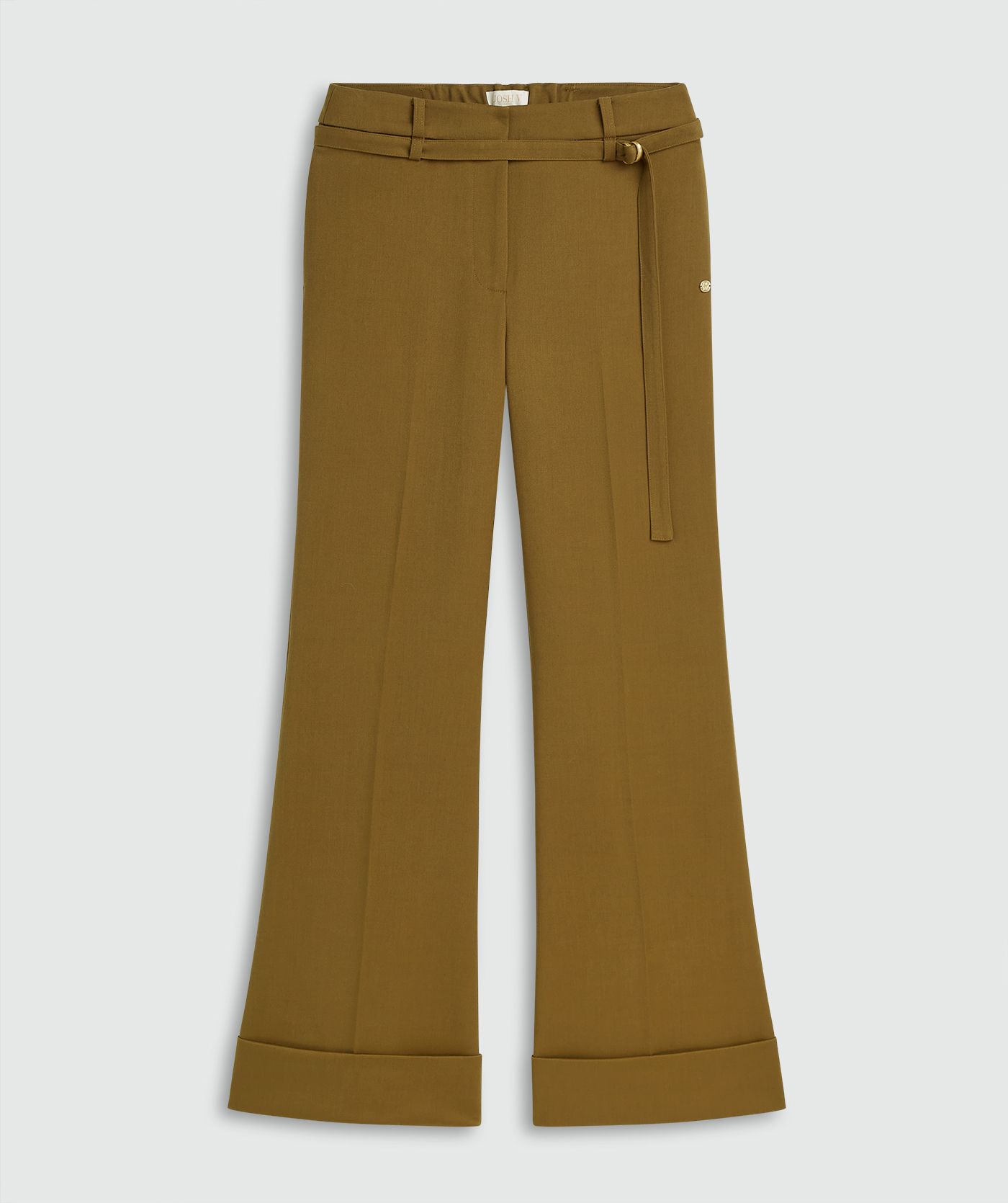 Olive Green pantalon met wijde pijpen en omslag zonder model, weergegeven op een lichtgrijze achtergrond