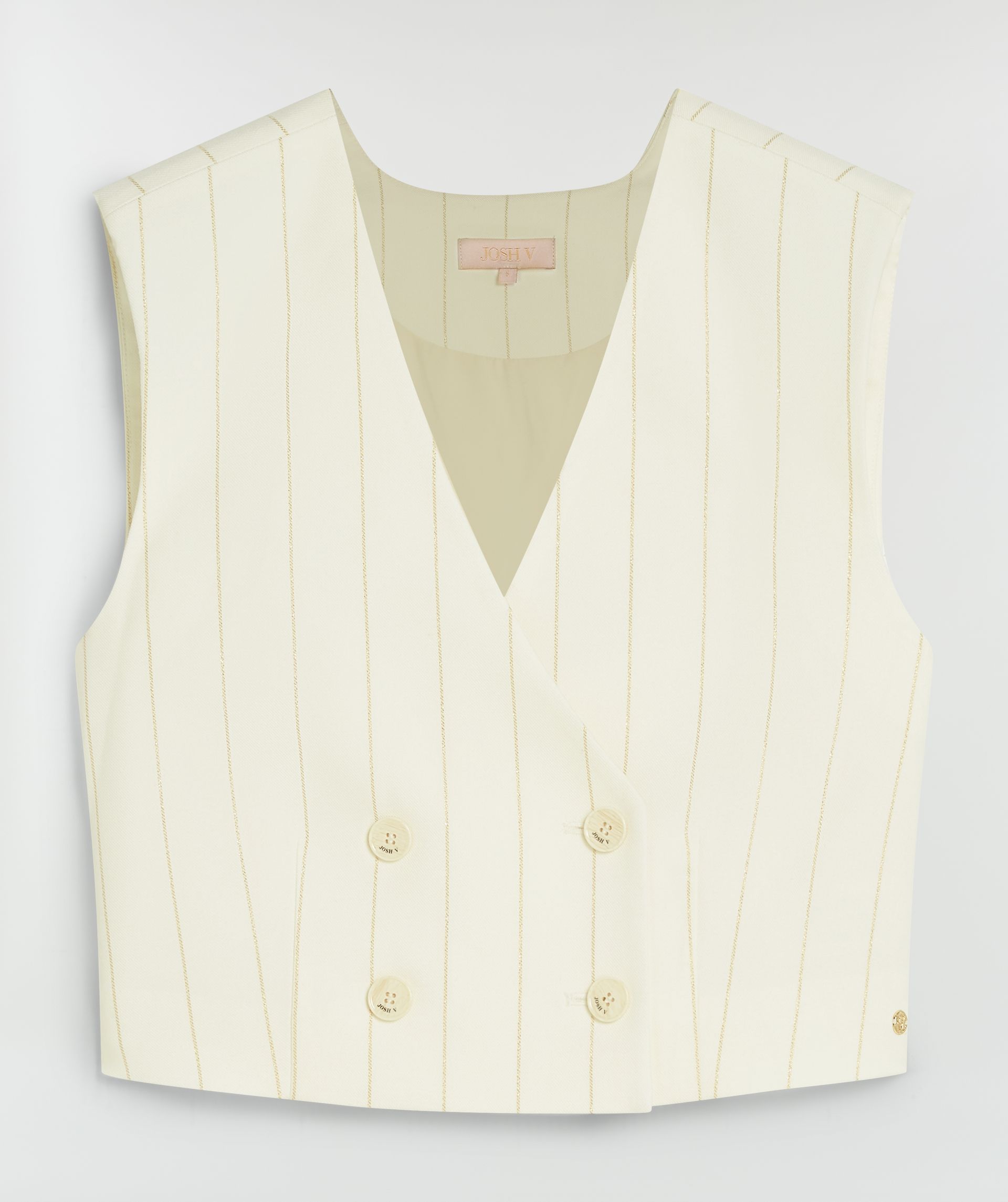 Wit gilet met een licht beige krijtstreep zonder model, weergegeven op een lichtgrijze achtergrond 